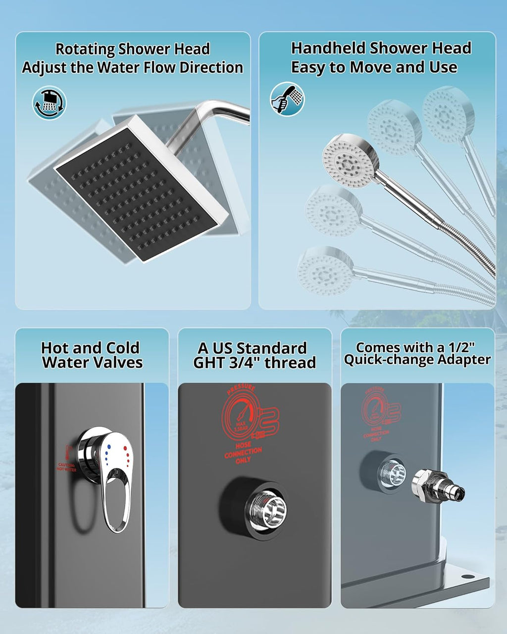 10.6 Gallon Solar Heated Outdoor Shower, Freestanding Poolside Shower with 360° Rainfall & Handheld Sprayer & Foot Wash, Thickened PVC for Crack-Resistant, Hot/Cold Adjustment for Garden, Beach, Pet