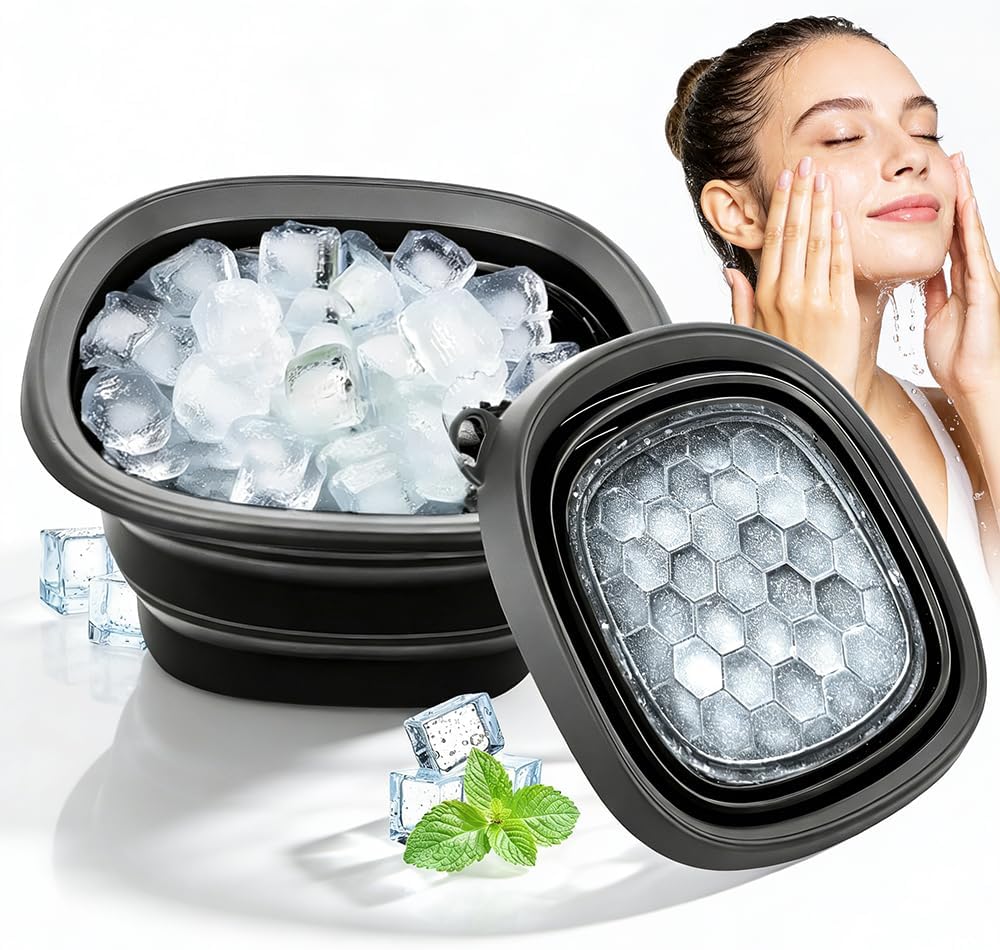 Face Ice Bath Bowl, Collapsible Silicone Bowl for Facial Cold Plunge, Reusable Cold Plunge Basin, Built-in Ice Tray for Skin Tightening, Ice Bath Tool for Home,Travel, Camping (Black, Square)