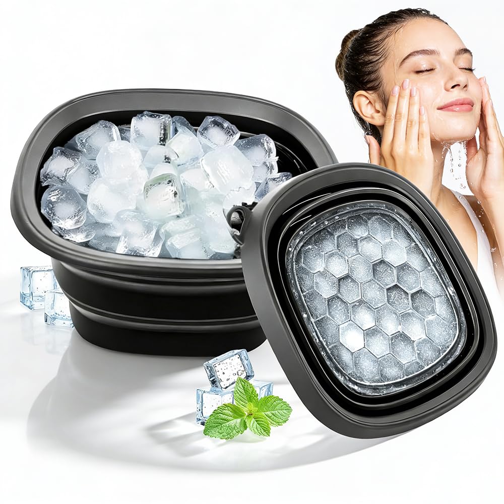 Face Ice Bath Bowl, Collapsible Silicone Bowl for Facial Cold Plunge, Reusable Cold Plunge Basin, Built-in Ice Tray for Skin Tightening, Ice Bath Tool for Home,Travel, Camping (Black, Square)