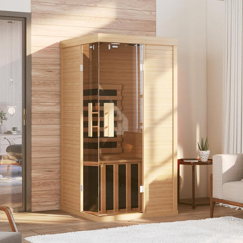 1-2 Person Wooden Infrared Saunas, Traditional Indoor Home Sauna with Control Panel,10 Chromotherapy, Bluetooth Speakers, Low EMF for House & Gym, 33.4 * 33.4 * 70 inch
