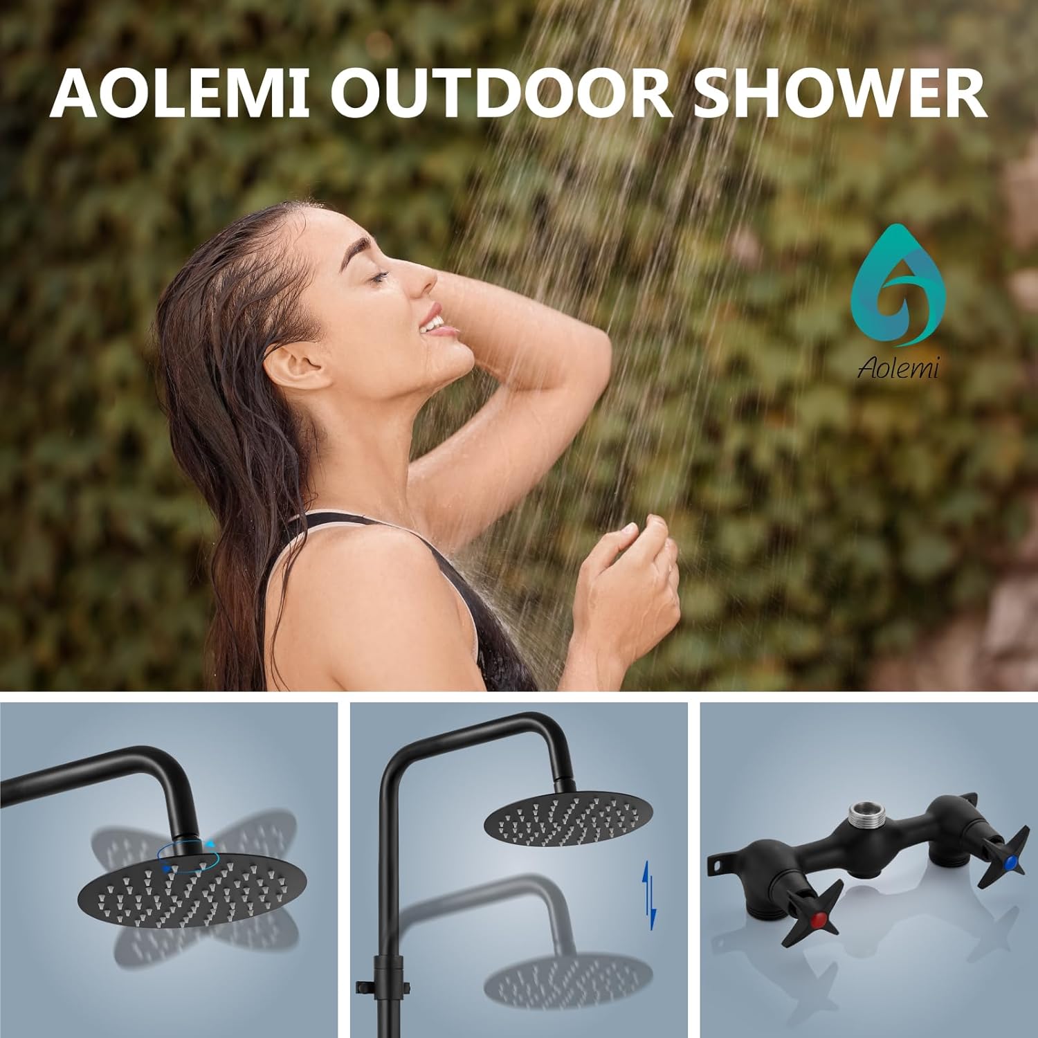 Aolemi Outdoor Shower Kit - Double Handle Exposed Shower with 8 Inch Rainfall Shower Head - Adjustable Height - Matte Black