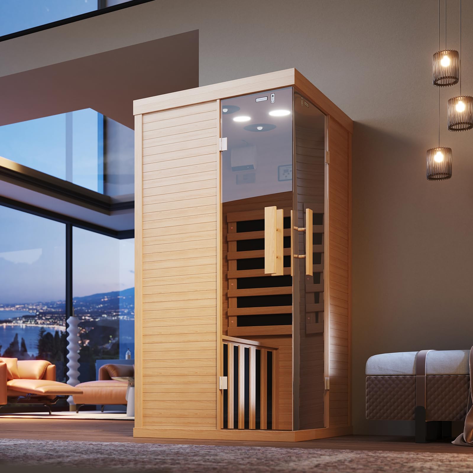 1-2 Person Wooden Infrared Saunas, Traditional Indoor Home Sauna with Control Panel,10 Chromotherapy, Bluetooth Speakers, Low EMF for House & Gym, 33.4 * 33.4 * 70 inch