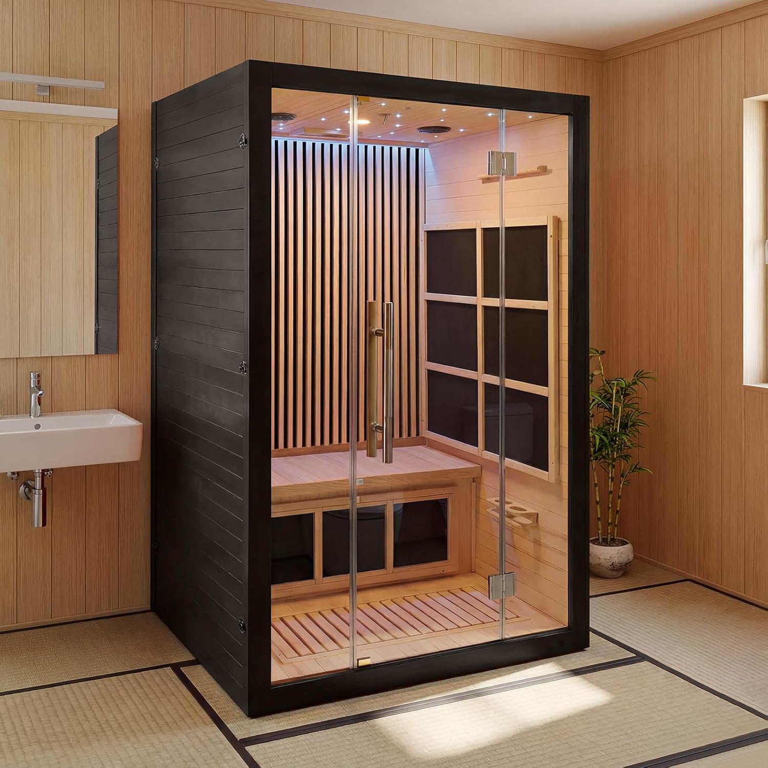 Vyre Sauna for 2 Person, Low EMF FAR Infrared Home Sauna with 6 Carbon Heaters, Red Light Therapy and FM Audio, Made from Canadian Hemlock Wood, 120V, Black