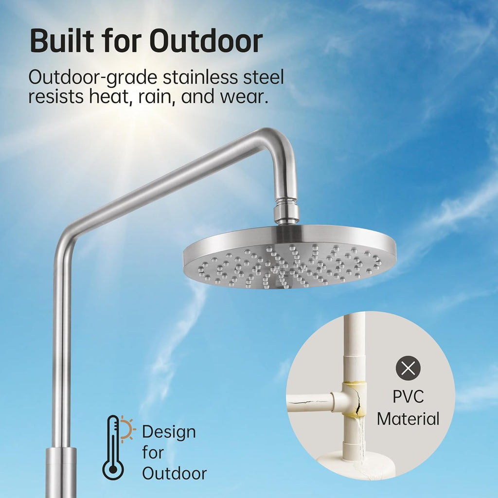 KES Natural Marble Outdoor Shower with Weighted Base, Freestanding Poolside Rain Shower Head & Foot Rinse, 3/4" Brass Hose Adapter, Anti-tip Strap & Ground Stake, 18/8 Stainless Steel, ODS200F18-BS