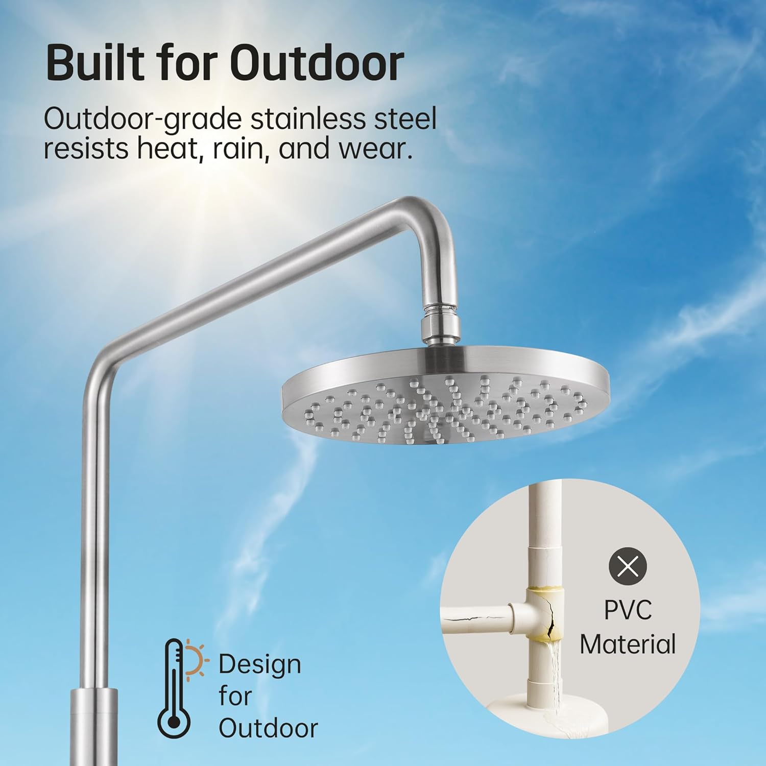 KES Natural Marble Outdoor Shower with Weighted Base, Freestanding Poolside Rain Shower Head & Foot Rinse, 3/4" Brass Hose Adapter, Anti-tip Strap & Ground Stake, 18/8 Stainless Steel, ODS200F18-BS