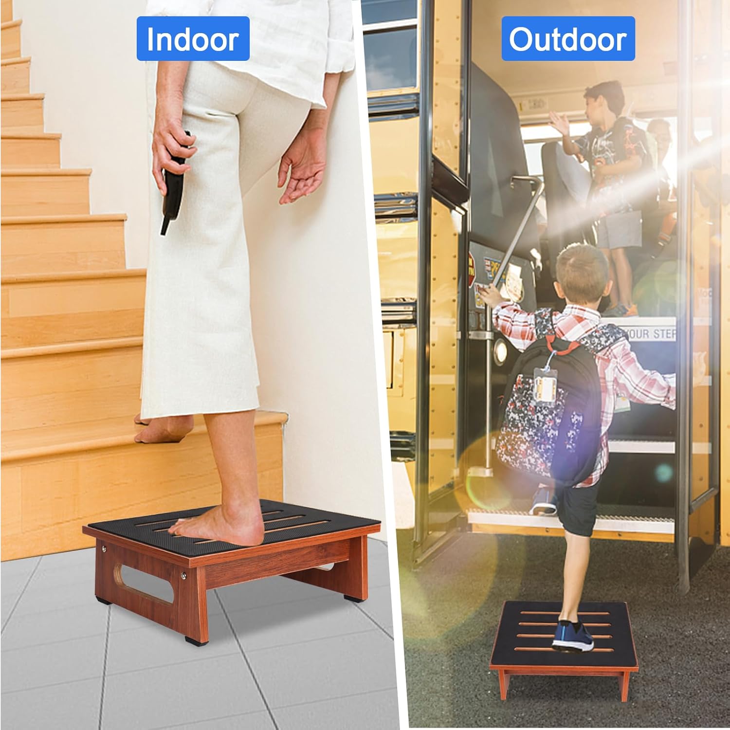 One Step Stool for Adults Seniors with Non-Slip Rubber Stepping Surface, Heavy Duty Wooden Step Stool with 450 LBS Capacity Bed Steps for High Beds, Bathroom, Bedroom, Kitchen & Kids Bedside Support