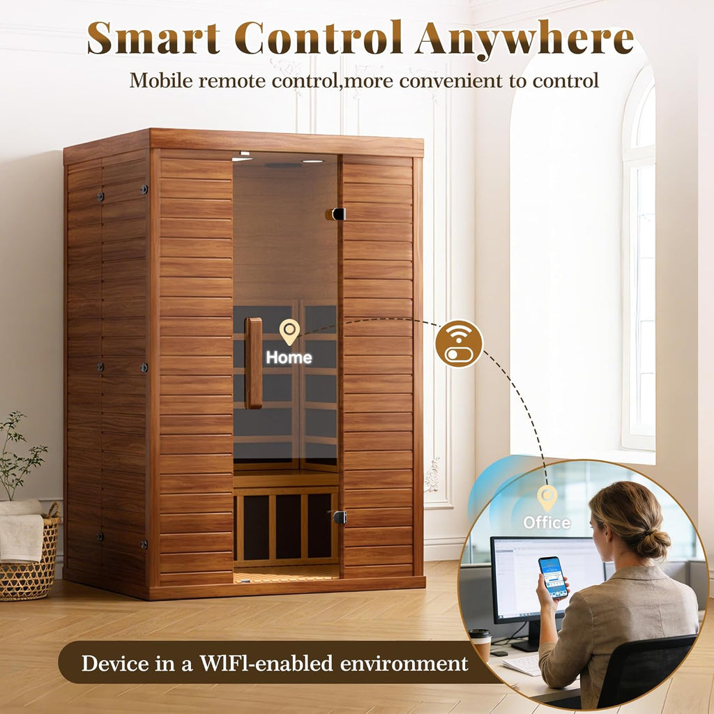 2 Person Infrared Sauna for Home, Smart App Control Home Sauna with WiFi & Bluetooth, Low EMF 1500W/120V LCD Heater, Indoor Sauna with Flame-Retardant Design