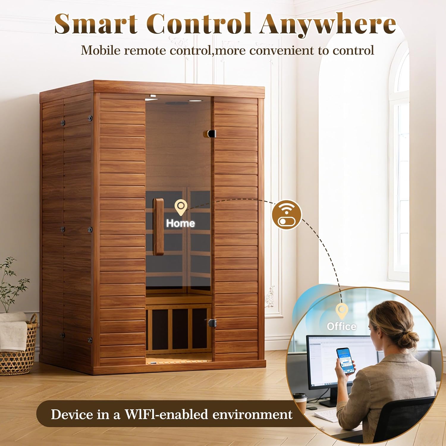 2 Person Infrared Sauna for Home, Smart App Control Home Sauna with WiFi & Bluetooth, Low EMF 1500W/120V LCD Heater, Indoor Sauna with Flame-Retardant Design