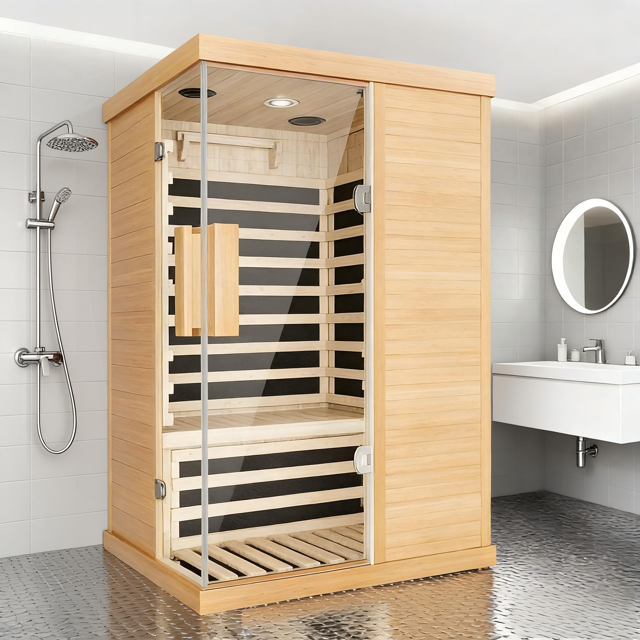 2 Person Far Infrared Sauna, Indoor Sauna for Home, 2000W Low EMF 110V with 8 Heaters, Chromotherapy Lights, Control Panel, Foot Controllable, Bluetooth Speaker, 47.2 * 41.3 * 75 in