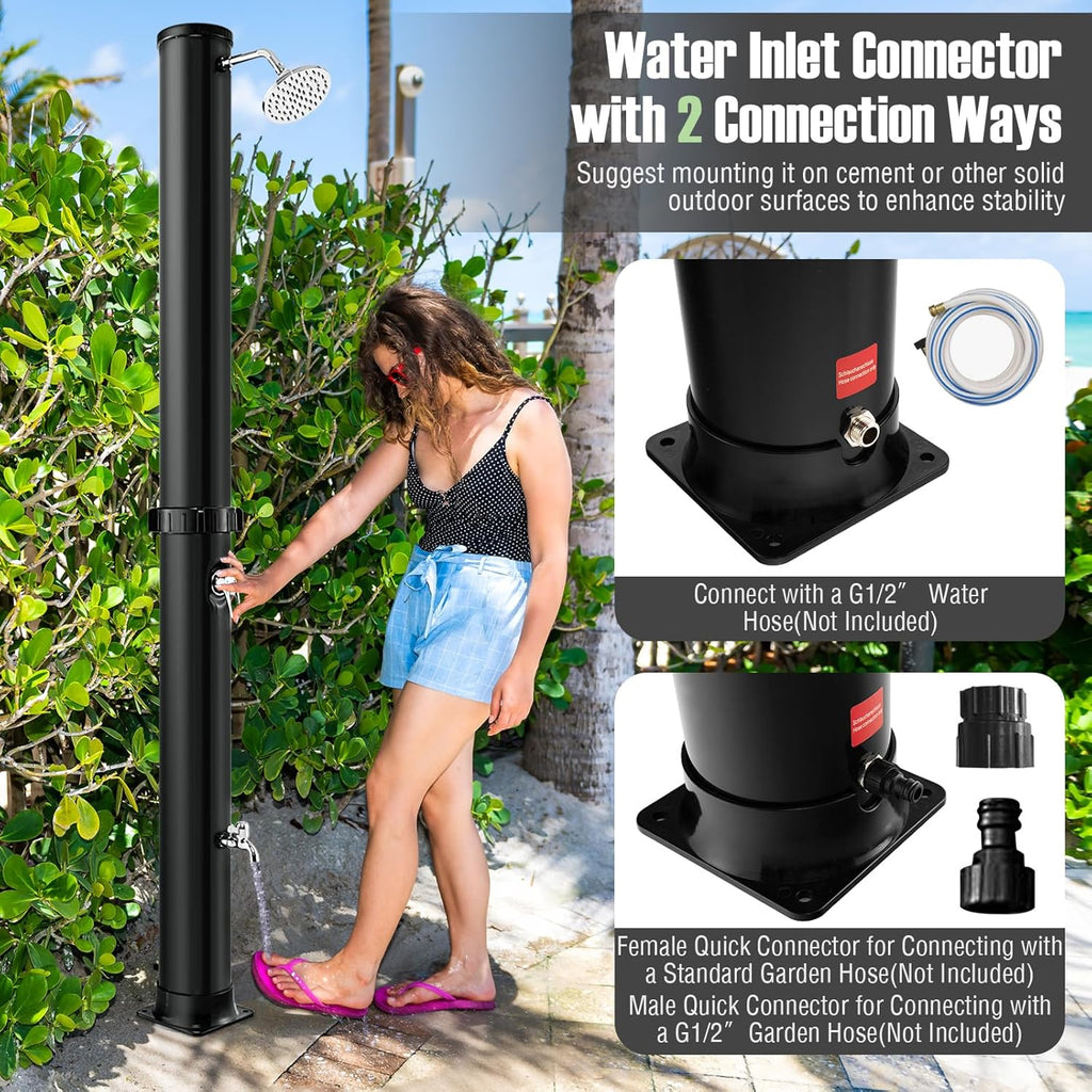 Goplus 10 Gallon Solar Heated Outdoor Shower, 7.2 FT Freestanding Outside Shower with Rotating Shower Head, Temperature Adjustment & Foot Shower, for Backyard Beach Pool Spa (Black)
