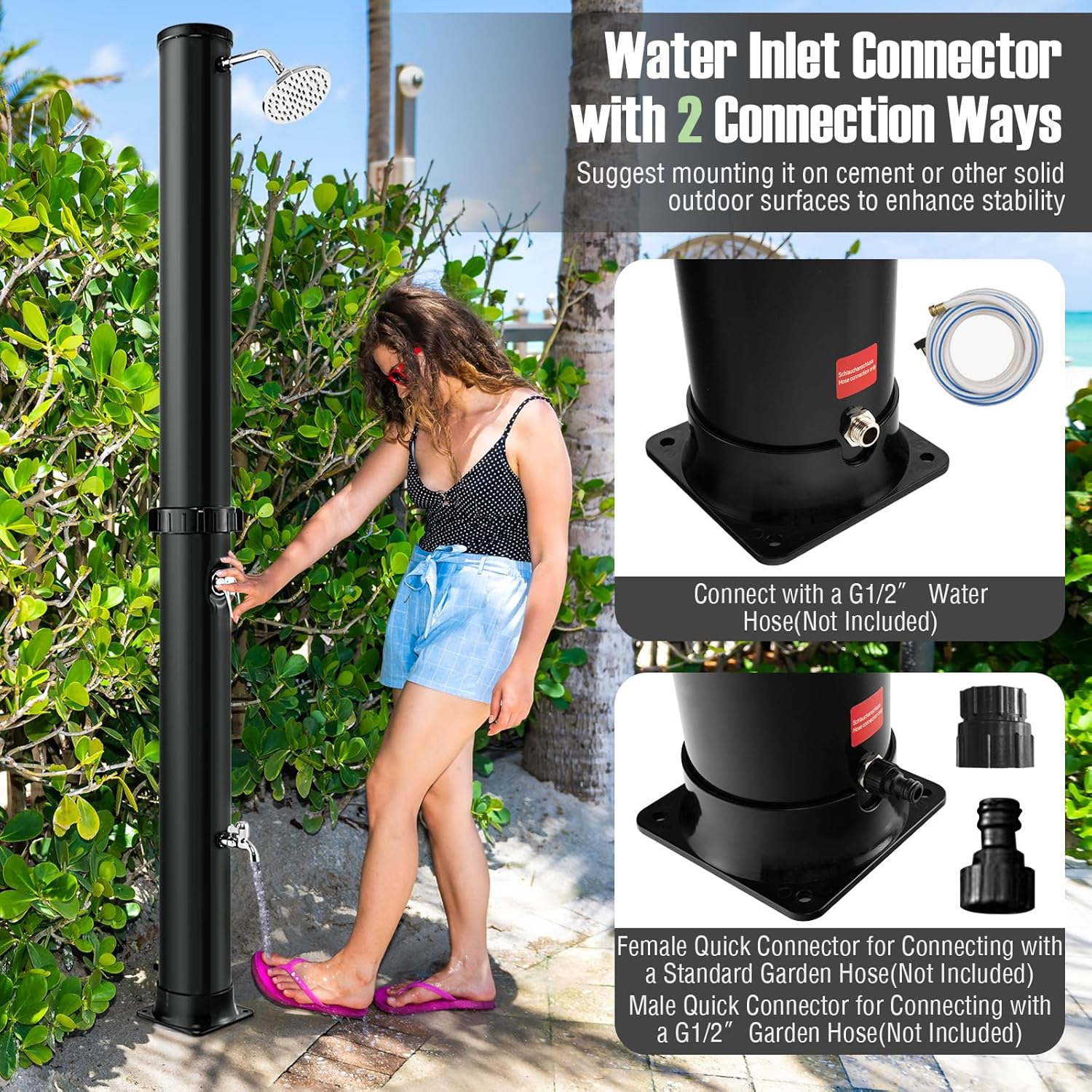 Goplus 10 Gallon Solar Heated Outdoor Shower, 7.2 FT Freestanding Outside Shower with Rotating Shower Head, Temperature Adjustment & Foot Shower, for Backyard Beach Pool Spa (Black)