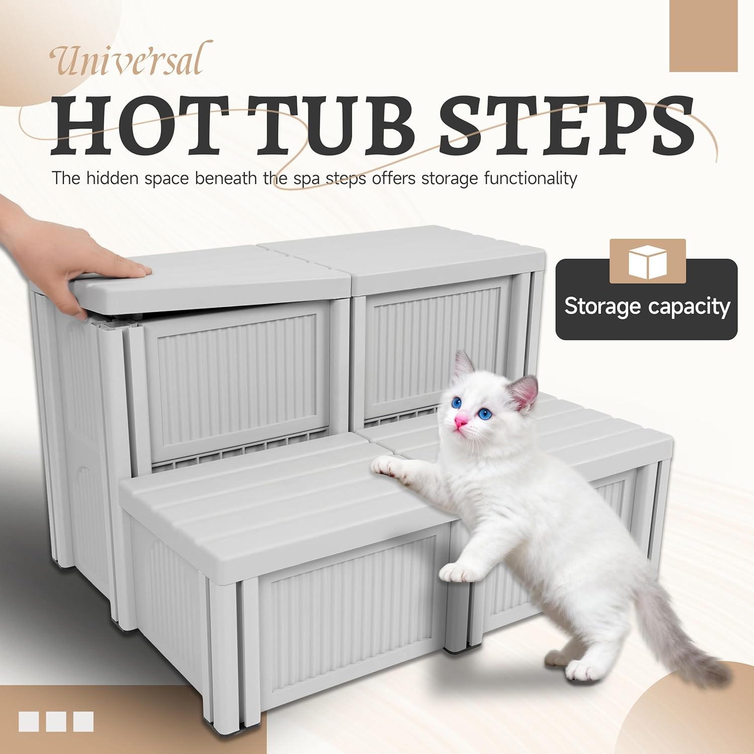 Hot Tub Steps Universal Sided Spa Steps 200lbs Load Capacity with Storage Compartment Outdoor/Indoor Spa Stairs for SPA, RV, Pool or Porch Plastic(PP) Textured Light Gray