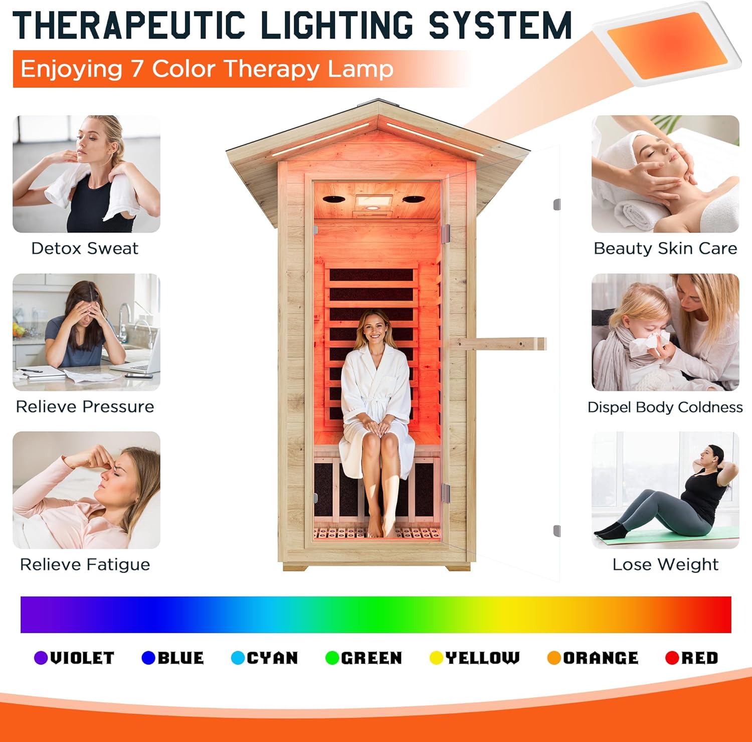 YUMPIE Outdoor Sauna 1 Person, Infrared Saunas for Home, Low EMF 110V Spruce Wood Dry Sauna with Tourmaline Stone Foot Warmer, 7-Color Light Therapy & 2 Bluetooth Speakers, 33.5"x35.4"x78.7"
