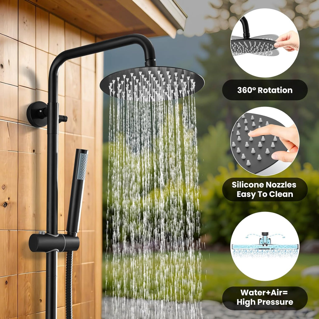 gotonovo Outdoor Shower Fixtures SUS304 Stainless Steel Rain Shower Kit Faucet High Pressure Wall Mount 2 Dual Function 8 Inch Showerhead and Handheld Spray Combo, Single Handle, Matte Black