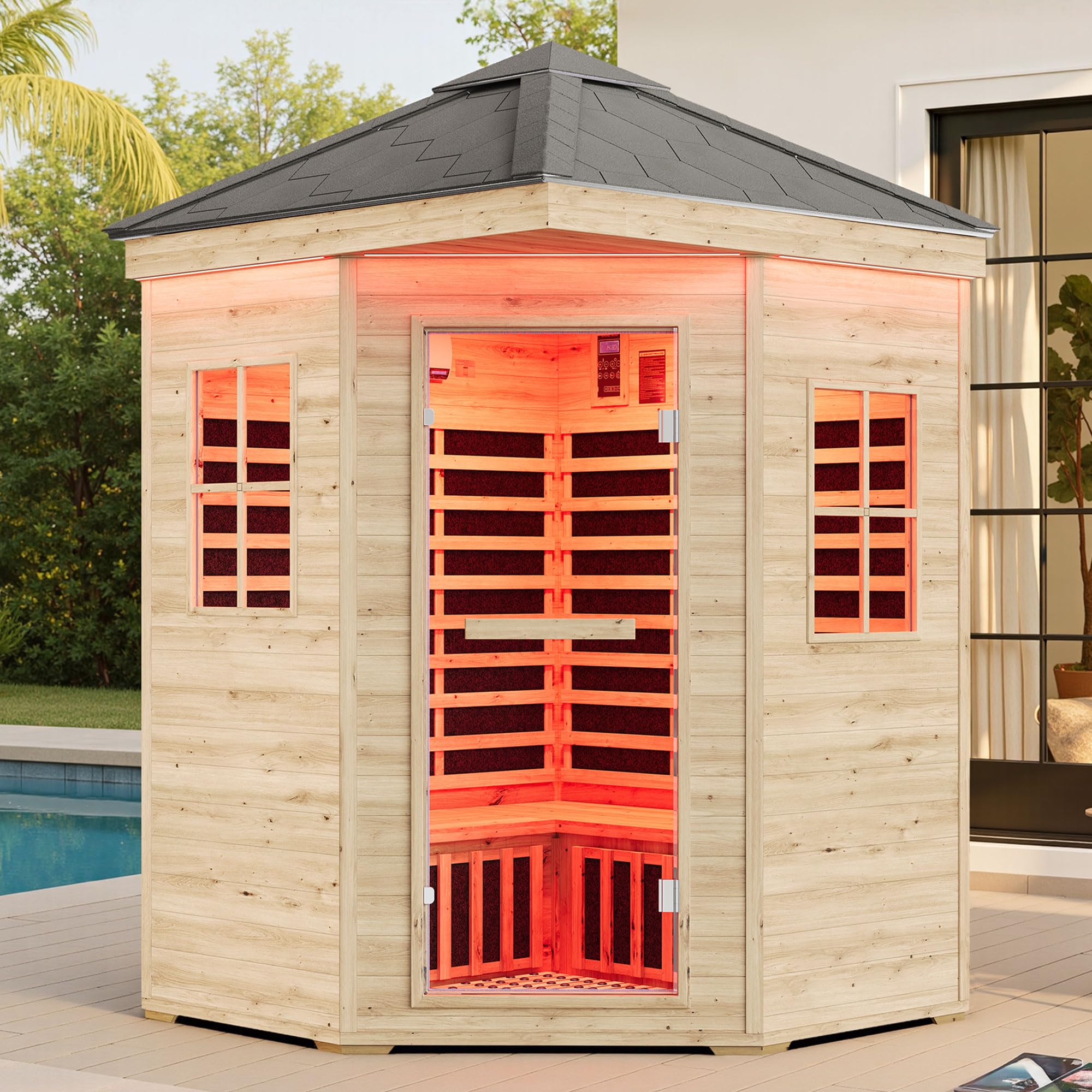 YUMPIE Outdoor Sauna 1 Person, Infrared Saunas for Home, Low EMF 110V Spruce Wood Dry Sauna with Tourmaline Stone Foot Warmer, 7-Color Light Therapy & 2 Bluetooth Speakers, 33.5"x35.4"x78.7"