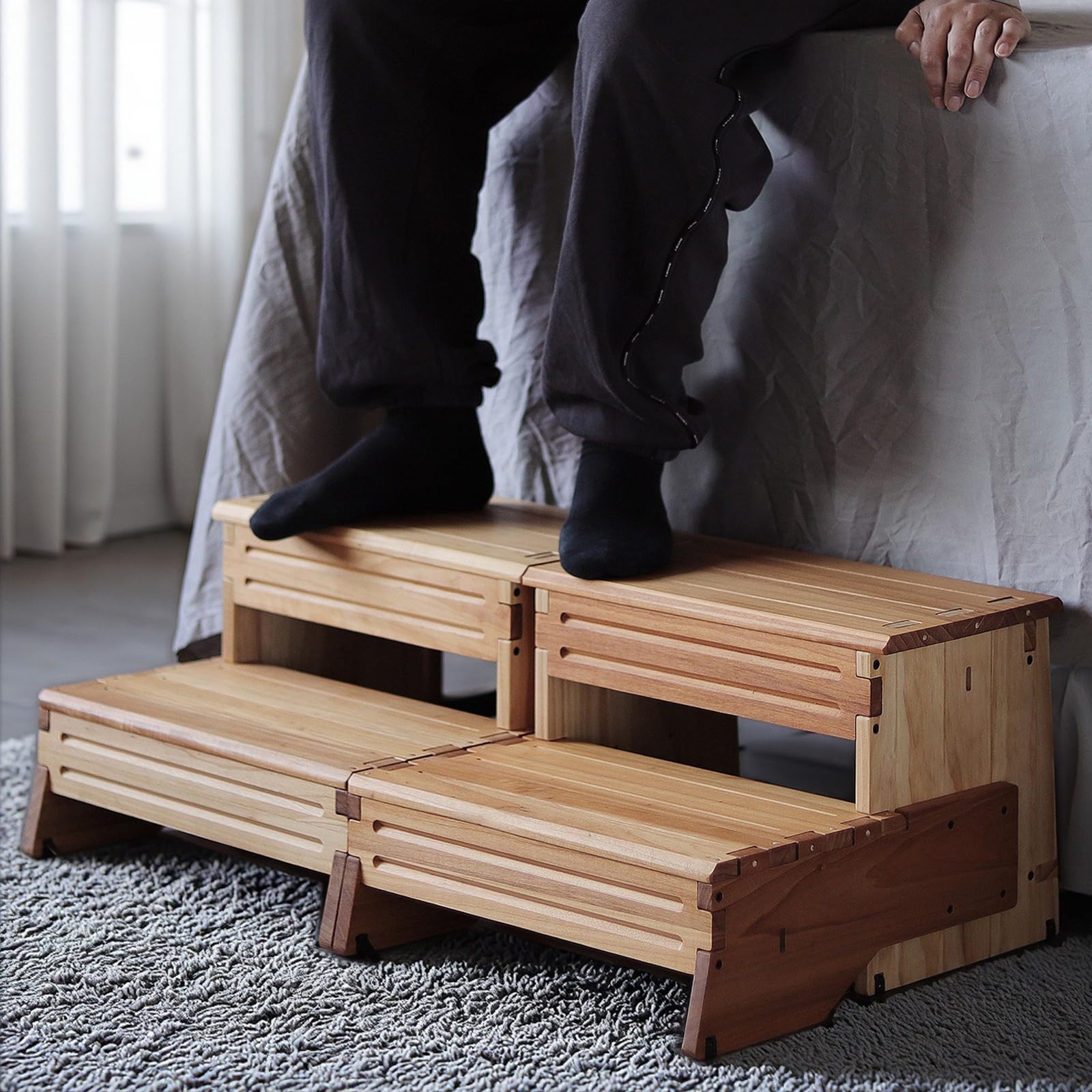 16" Wooden Two Step Stool for Adult & Kid, Wider, Deeper & Safer Bedside Steps, Anti-Slip. Riser 2-Step Spa & Hot Tub Stairs for Pool, Heavy Duty for Kitchen, Bathroom, Closet, High Bed Step
