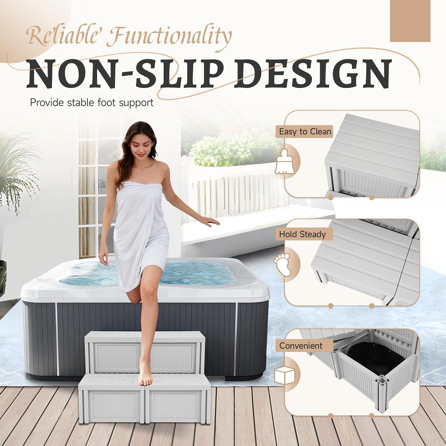 Hot Tub Steps Universal Sided Spa Steps 200lbs Load Capacity with Storage Compartment Outdoor/Indoor Spa Stairs for SPA, RV, Pool or Porch Plastic(PP) Textured Light Gray