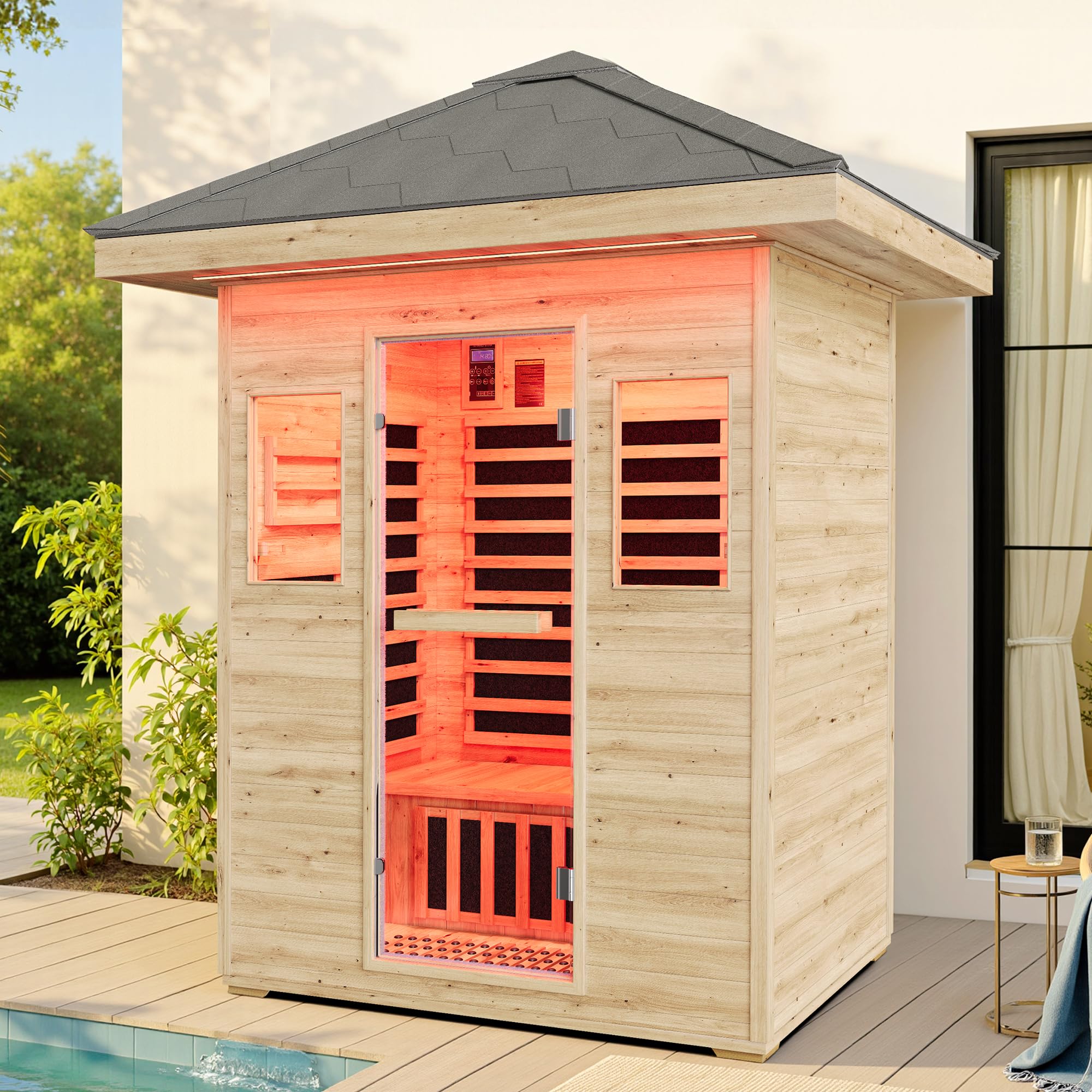 YUMPIE Outdoor Sauna 1 Person, Infrared Saunas for Home, Low EMF 110V Spruce Wood Dry Sauna with Tourmaline Stone Foot Warmer, 7-Color Light Therapy & 2 Bluetooth Speakers, 33.5"x35.4"x78.7"