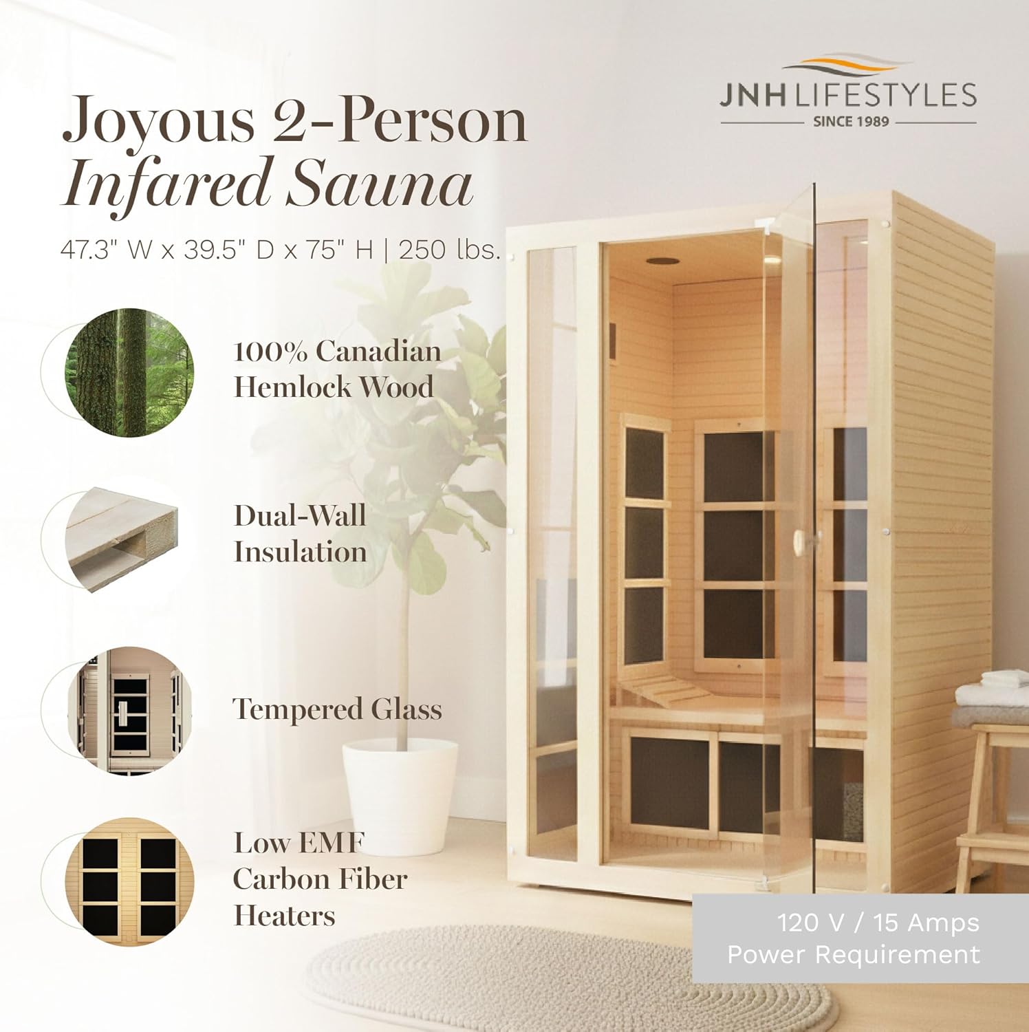 JNH Lifestyles Joyous 2-Person Low EMF FAR Infrared Sauna with Chromotherapy Light for Home Indoor Spa Use - 7 Carbon Fiber Heaters, Canadian Hemlock Wood