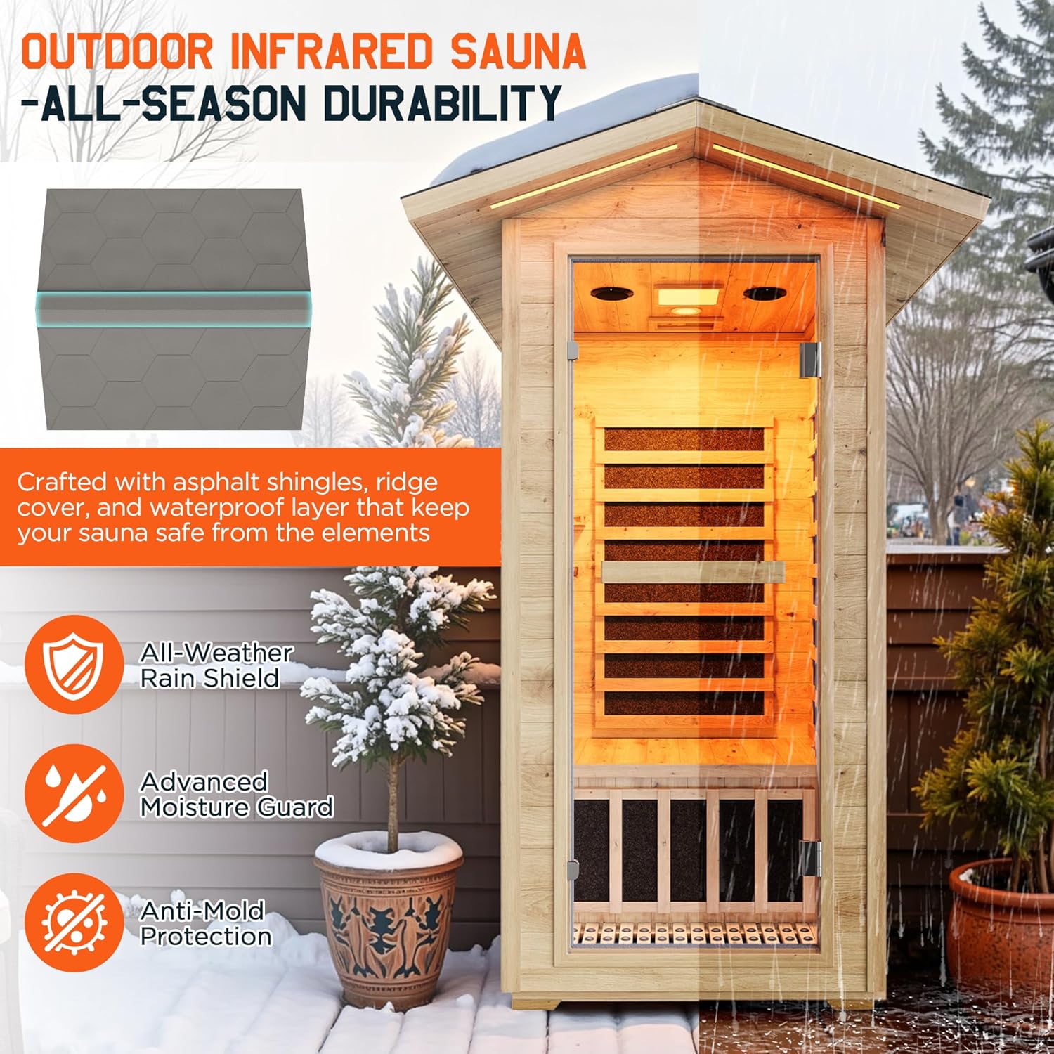 YUMPIE Outdoor Sauna 1 Person, Infrared Saunas for Home, Low EMF 110V Spruce Wood Dry Sauna with Tourmaline Stone Foot Warmer, 7-Color Light Therapy & 2 Bluetooth Speakers, 33.5"x35.4"x78.7"