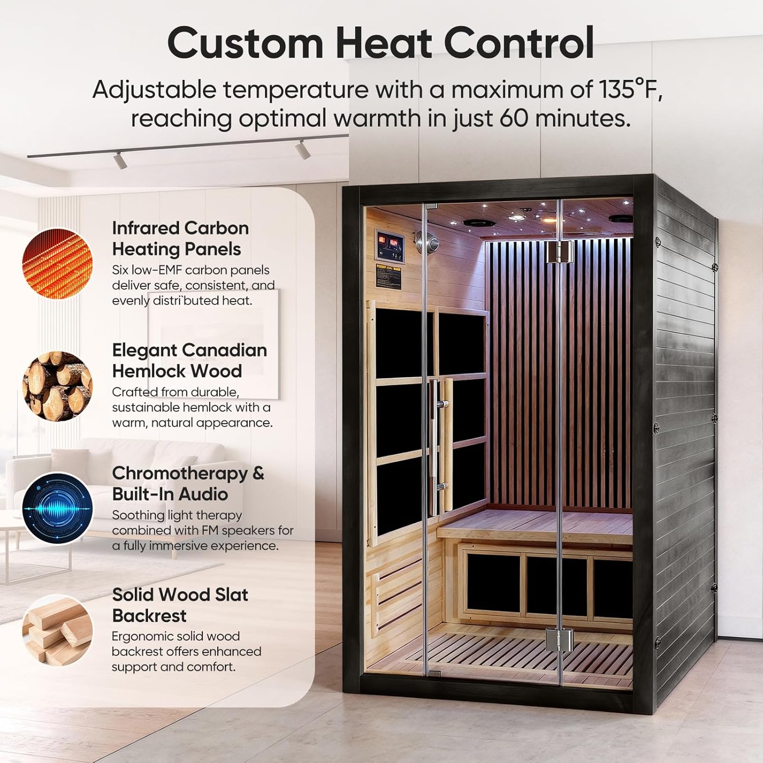Vyre Sauna for 2 Person, Low EMF FAR Infrared Home Sauna with 6 Carbon Heaters, Red Light Therapy and FM Audio, Made from Canadian Hemlock Wood, 120V, Black