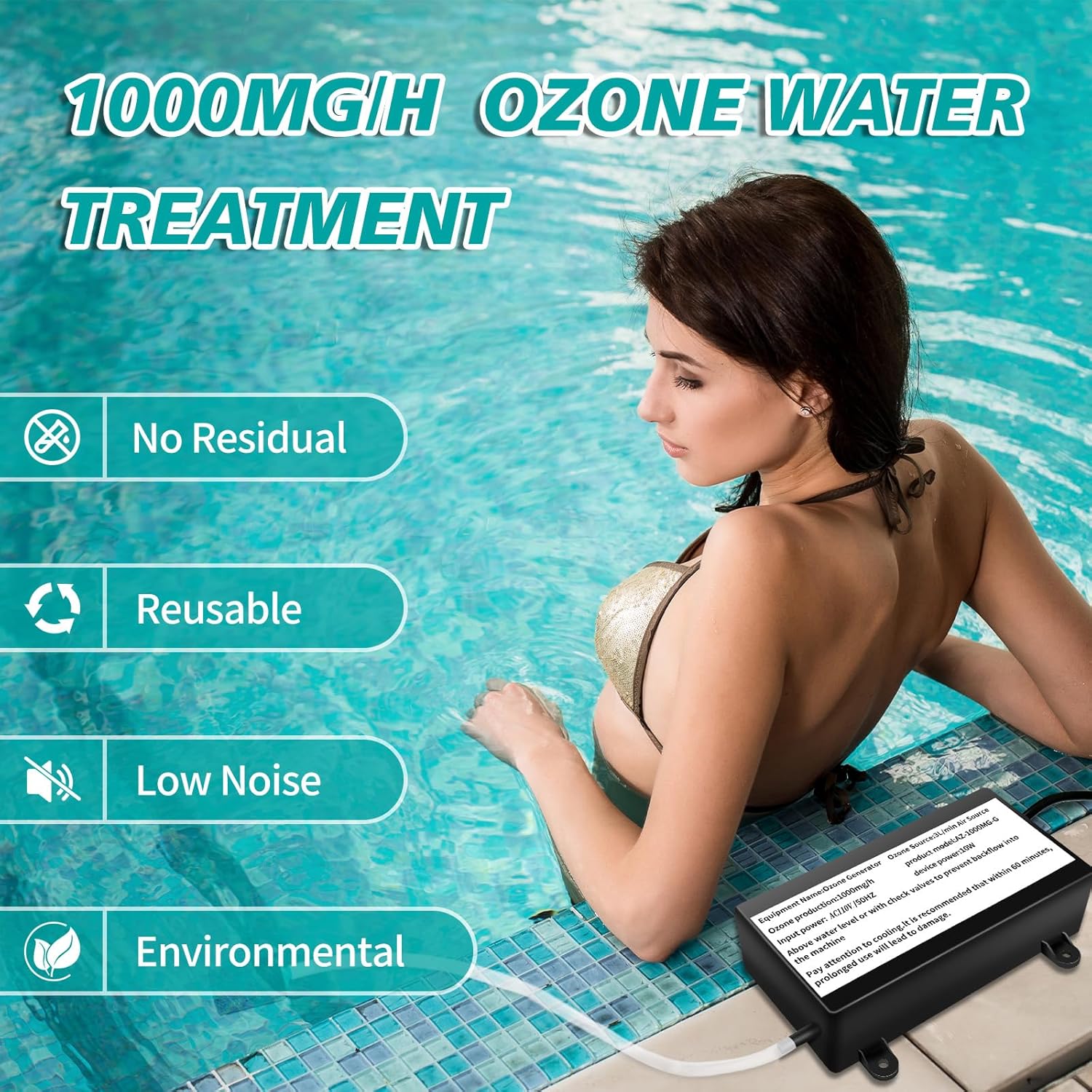 Water Ozone Generator for for Cold Plunge with Timer, 1000mg/H Ozone Bubbler Keep spa Pool Clean,Ozone Generator for Water Portable Ozonator Tub Accessories
