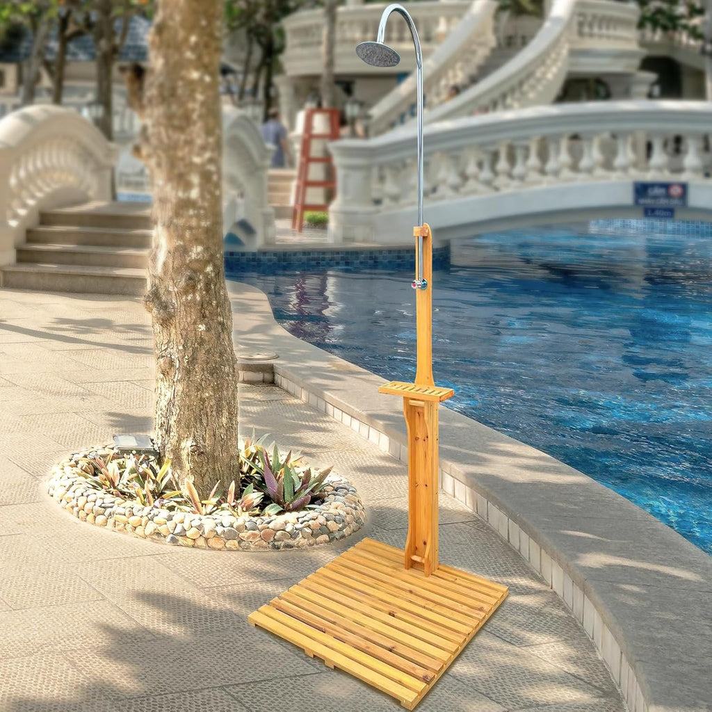 Outdoor Shower Kit Portable Wood Outdoor Garden Pool Shower with Chassis Board for Outdoor Backyard Poolside Beach Pool Spa,Wood