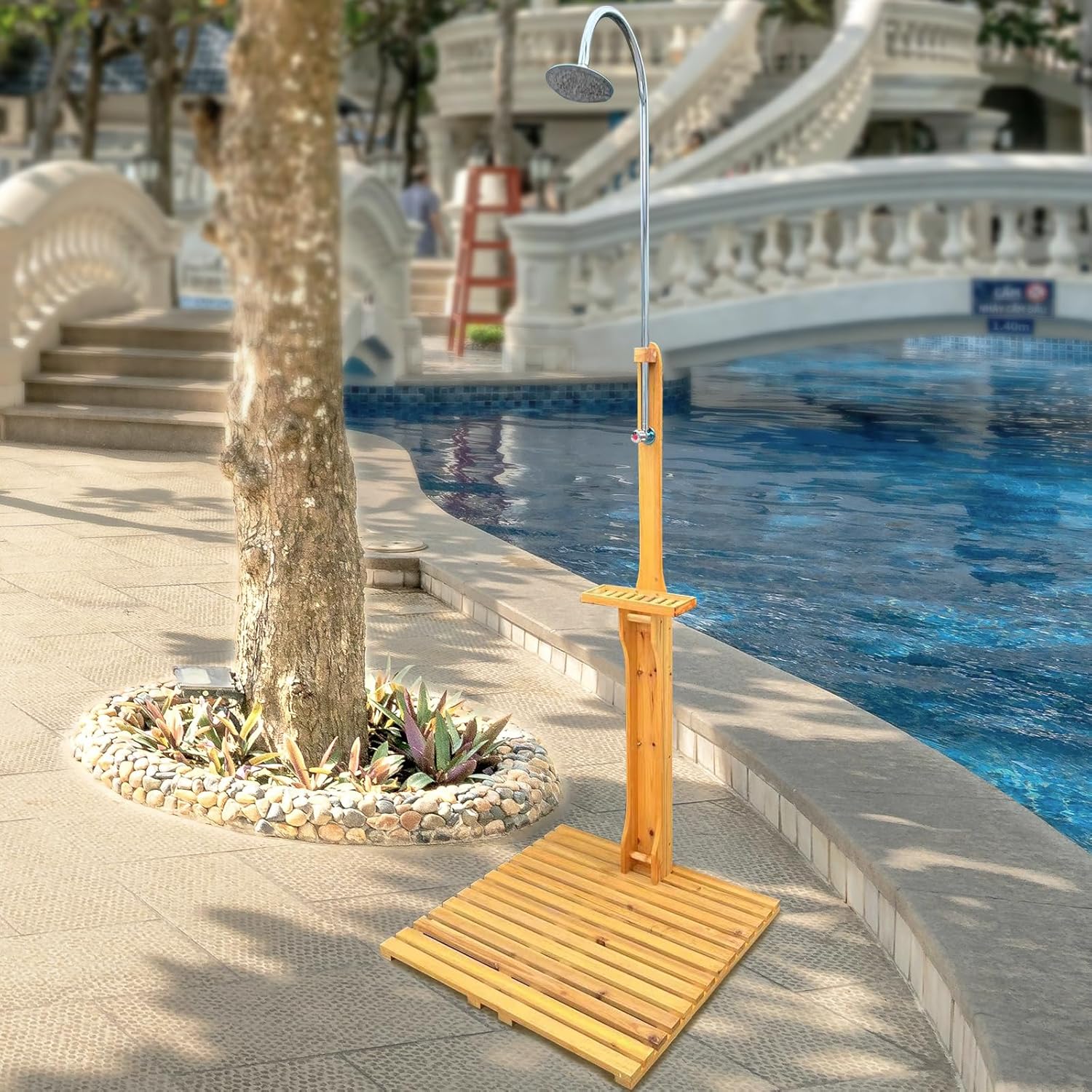 Outdoor Shower Kit Portable Wood Outdoor Garden Pool Shower with Chassis Board for Outdoor Backyard Poolside Beach Pool Spa,Wood