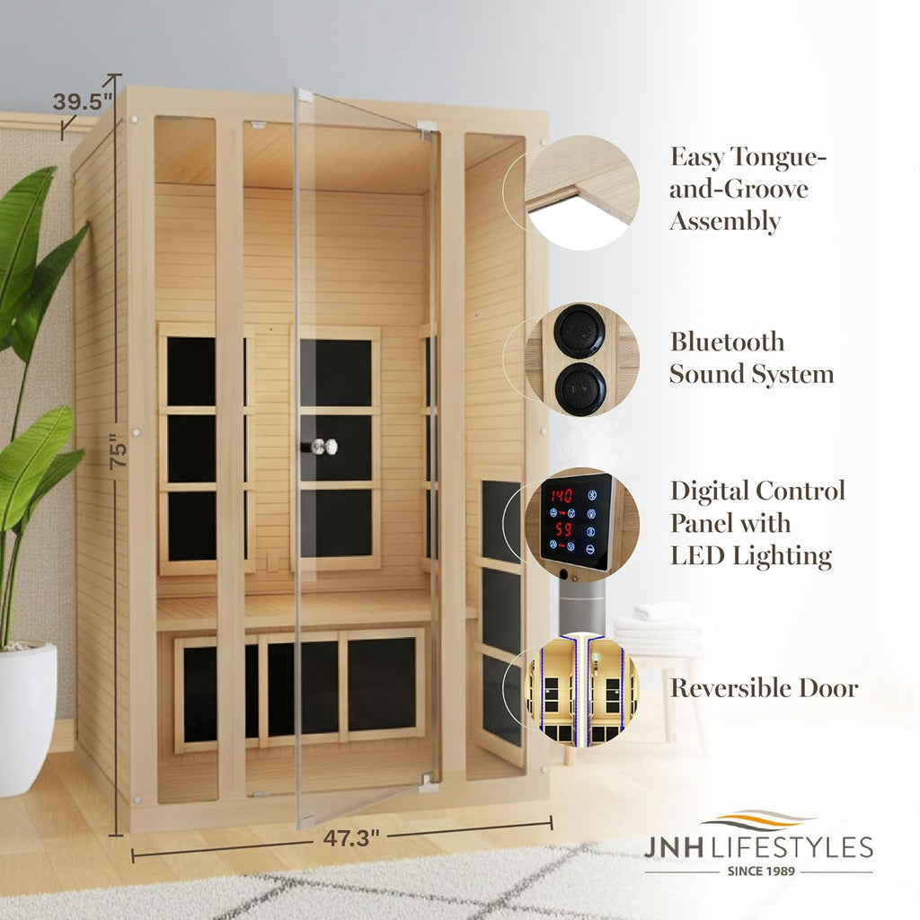 JNH Lifestyles Joyous 2-Person Low EMF FAR Infrared Sauna with Chromotherapy Light for Home Indoor Spa Use - 7 Carbon Fiber Heaters, Canadian Hemlock Wood