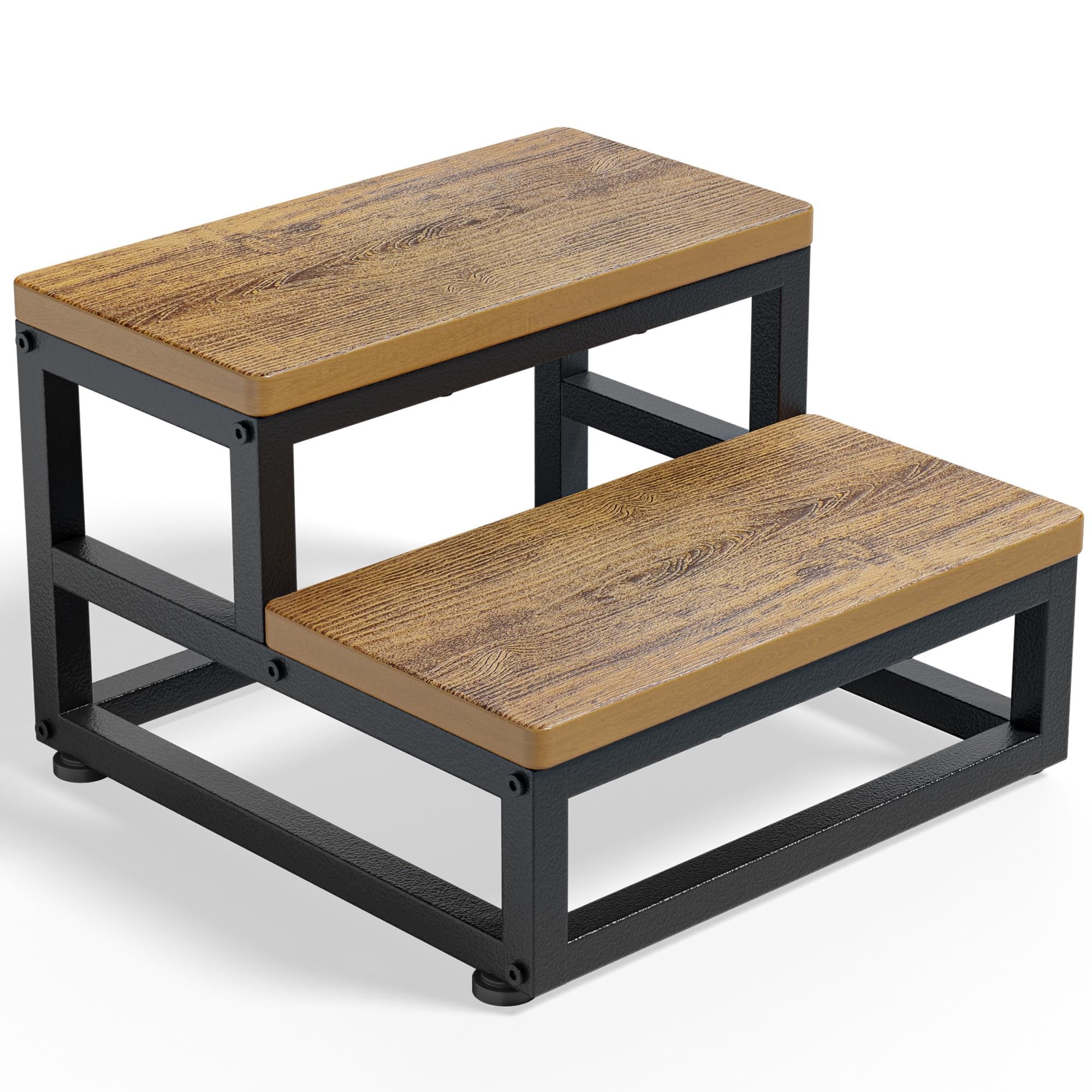 Y&M Two Step Stool for Adults Kids, Waterproof HPDE Bed Step Foot Stool with Adjustable Non-Slip Feet, Metal Frame Stepping for Kitchen Bathroom Bedroom Living Room, Indoor or Outdoor Use, Brown