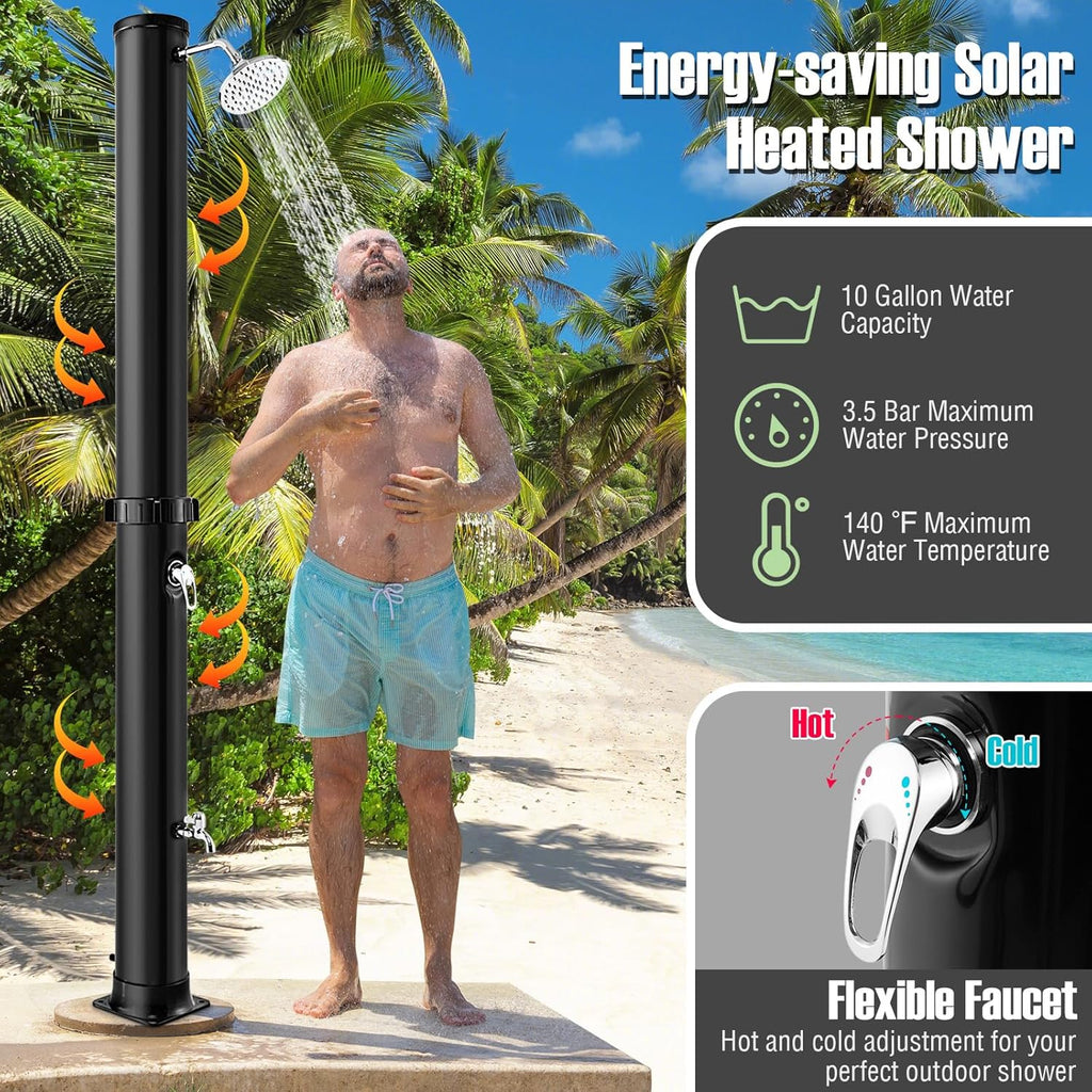 Goplus 10 Gallon Solar Heated Outdoor Shower, 7.2 FT Freestanding Outside Shower with Rotating Shower Head, Temperature Adjustment & Foot Shower, for Backyard Beach Pool Spa (Black)