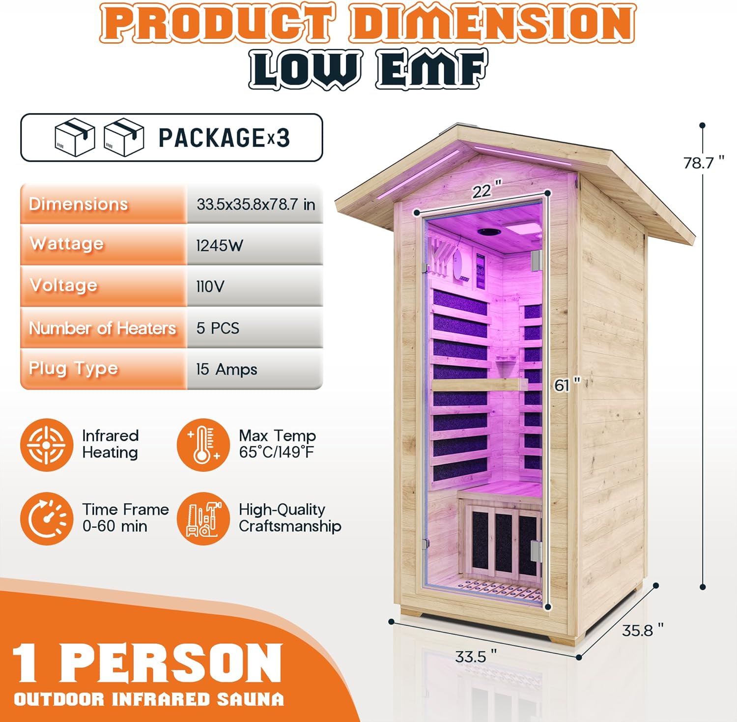 YUMPIE Outdoor Sauna 1 Person, Infrared Saunas for Home, Low EMF 110V Spruce Wood Dry Sauna with Tourmaline Stone Foot Warmer, 7-Color Light Therapy & 2 Bluetooth Speakers, 33.5"x35.4"x78.7"