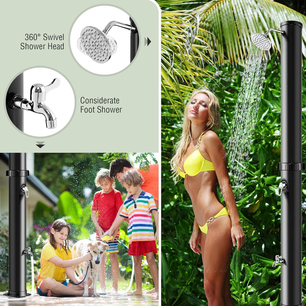 Goplus 10 Gallon Solar Heated Outdoor Shower, 7.2 FT Freestanding Outside Shower with Rotating Shower Head, Temperature Adjustment & Foot Shower, for Backyard Beach Pool Spa (Black)