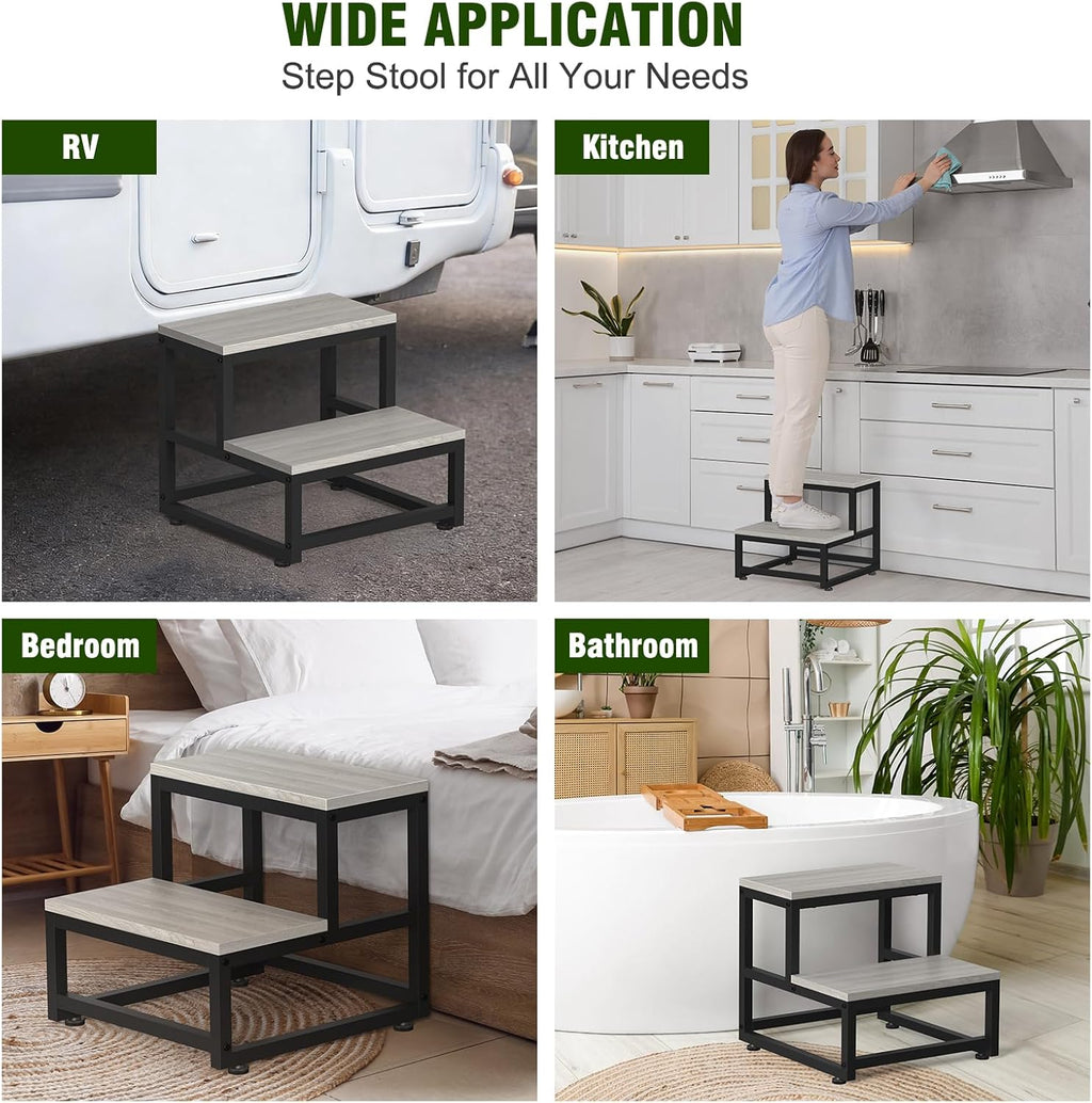 LIANTRAL Step Stool for Adults & Kids, Heavy Duty Wooden Stepping Stools, Bedside Foot Stool with 500lbs Load Capacity, Non-Slip 2 Step Stool for Bed, Kitchen, RV - Gray