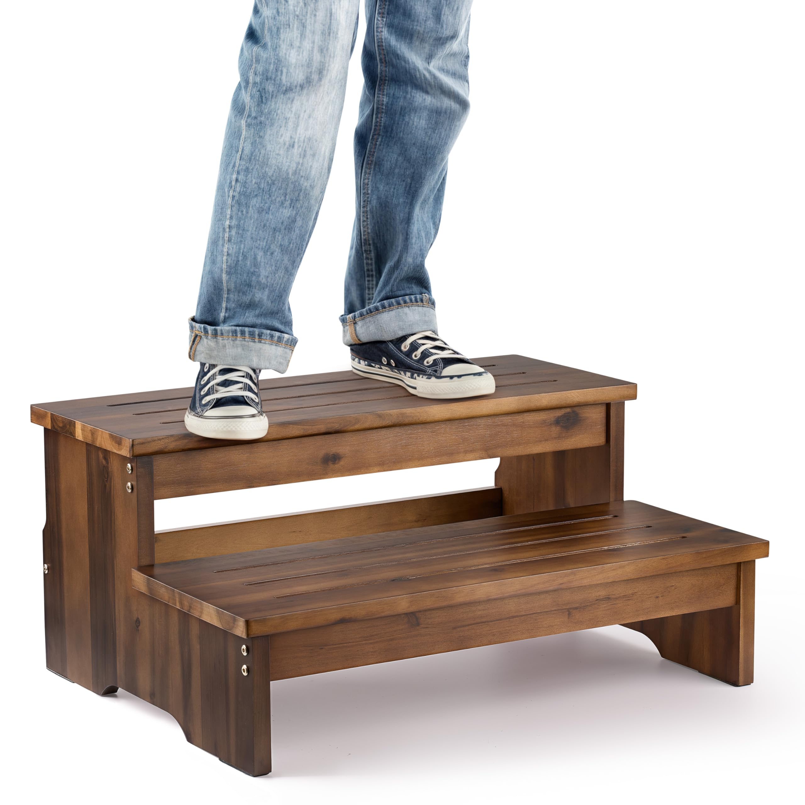 TINAMO 25" Long Step Stool for Adult & Kid - Acacia Wood Two Step Stool 500 Lbs - Wooden Riser 2-Step Spa & Hot Tub Stairs for Pool - Heavy Duty 2 Step Stools for Bed, Kitchen,Outdoor (Patent Pending)
