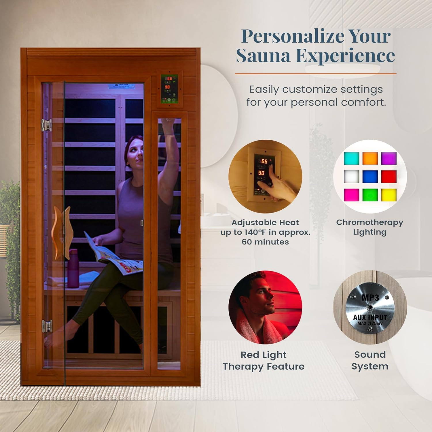 DYNAMIC SAUNAS Barcelona 1- to 2-Person Low EMF FAR Infrared Sauna with Red Light Therapy & Bluetooth Speakers | Personal Indoor Dry Heat Sauna for Home & Gym – Made from Canadian Hemlock