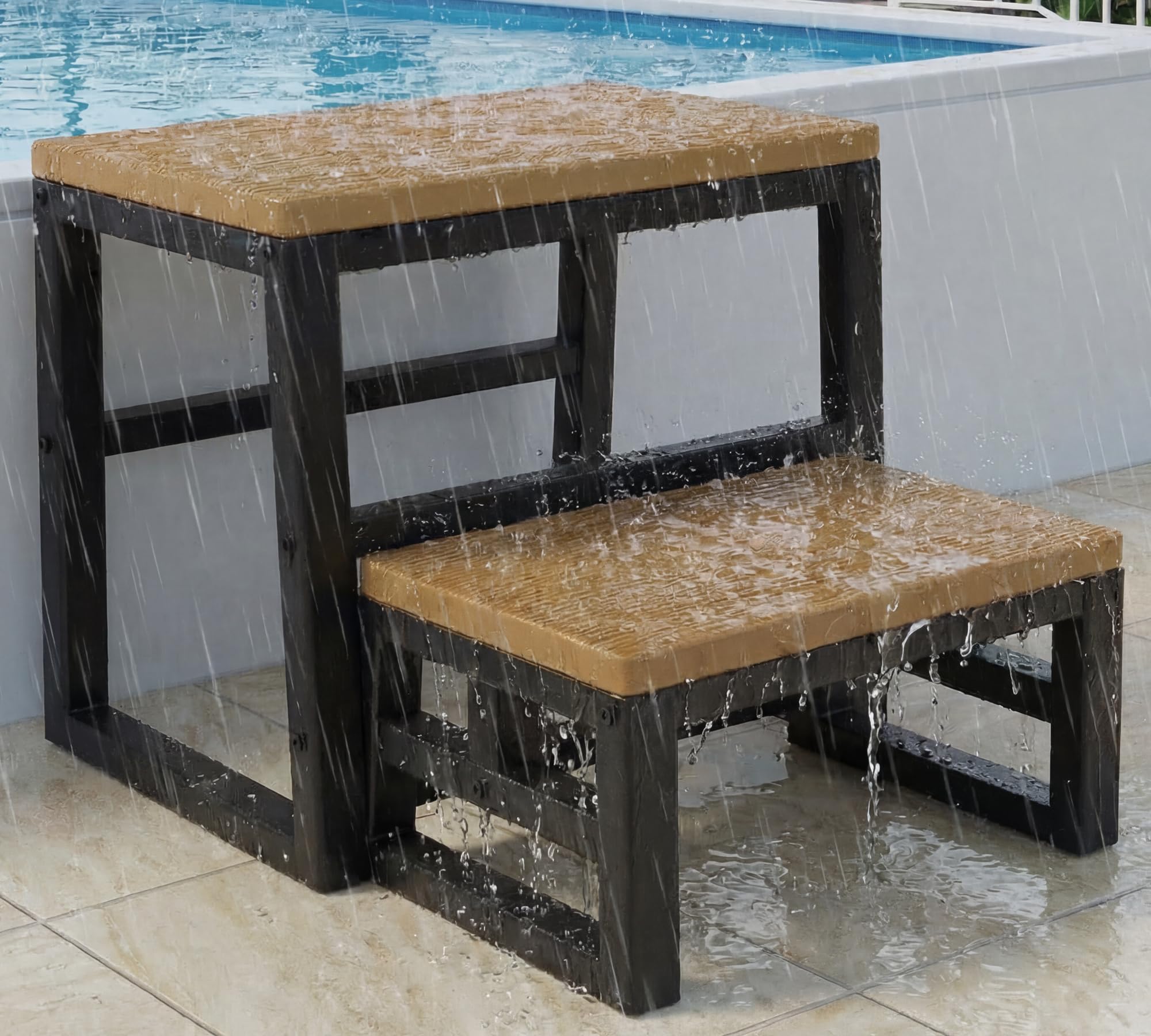 2-Step Waterproof HDPE Step Stools for Adults Kids, Heavy Duty Metal Frame Stepping Stools for High Beds, Non-Slip 2 Bedside Foot Stool with 500 Lbs+ Capacity, Kitchen, Bed, RV Step-Dark Brown