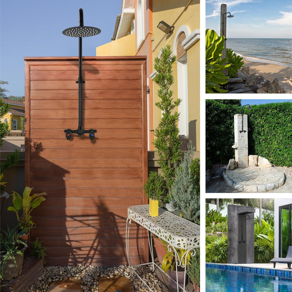 Aolemi Outdoor Shower Kit - Double Handle Exposed Shower with 8 Inch Rainfall Shower Head - Adjustable Height - Matte Black