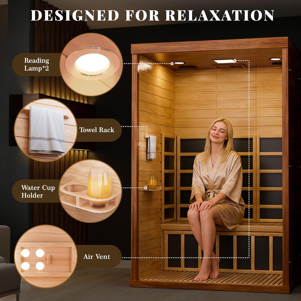 2 Person Infrared Sauna for Home, Smart App Control Home Sauna with WiFi & Bluetooth, Low EMF 1500W/120V LCD Heater, Indoor Sauna with Flame-Retardant Design