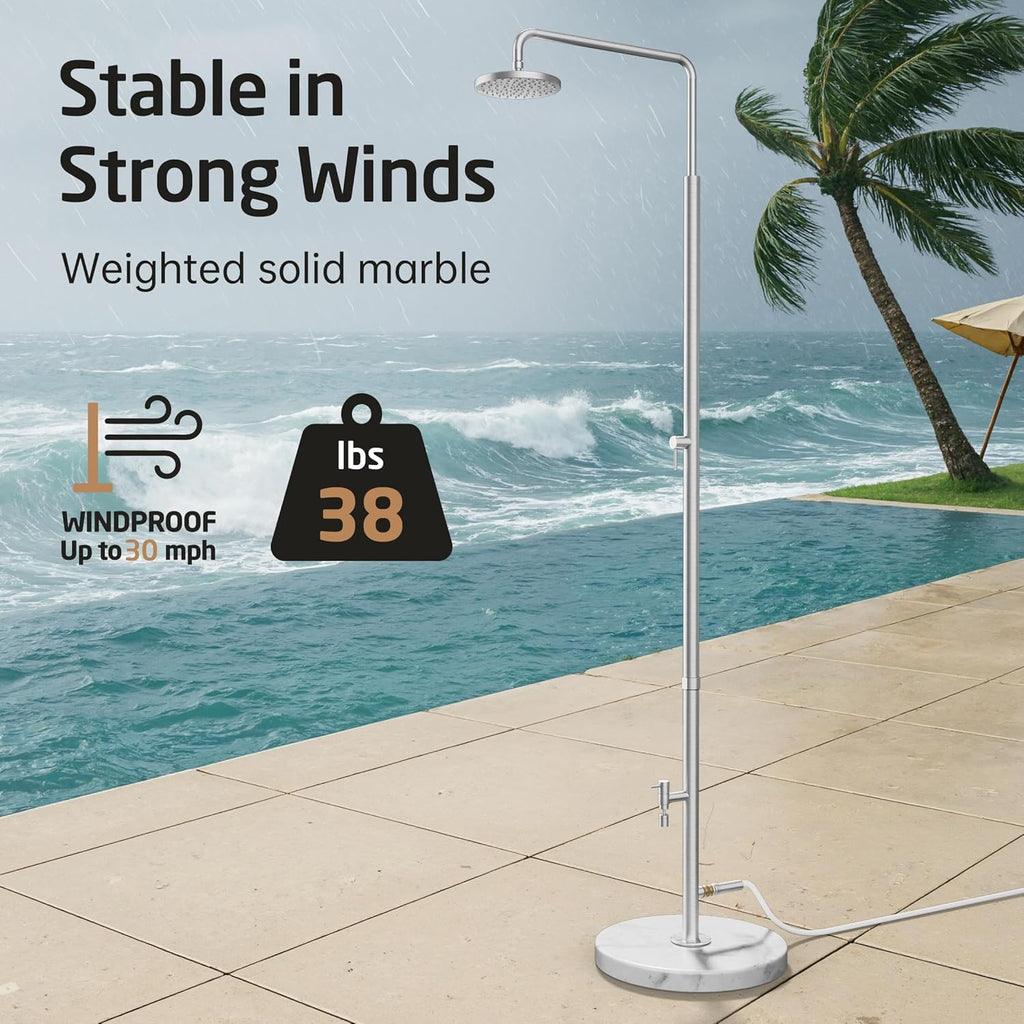 KES Natural Marble Outdoor Shower with Weighted Base, Freestanding Poolside Rain Shower Head & Foot Rinse, 3/4" Brass Hose Adapter, Anti-tip Strap & Ground Stake, 18/8 Stainless Steel, ODS200F18-BS