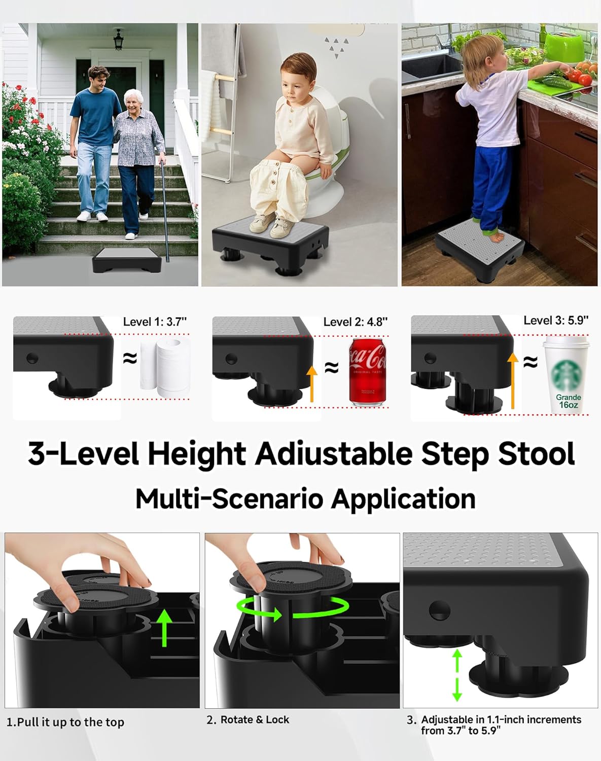 Adjustable Step Stool for Adults, Noctilucent Bed Step Stools, 660 LBS Capacity Non-Slip Safety Step Platform Indoor and Outdoor for Seniors and Kids, Wide Step Stools Elderly Assistance at Night