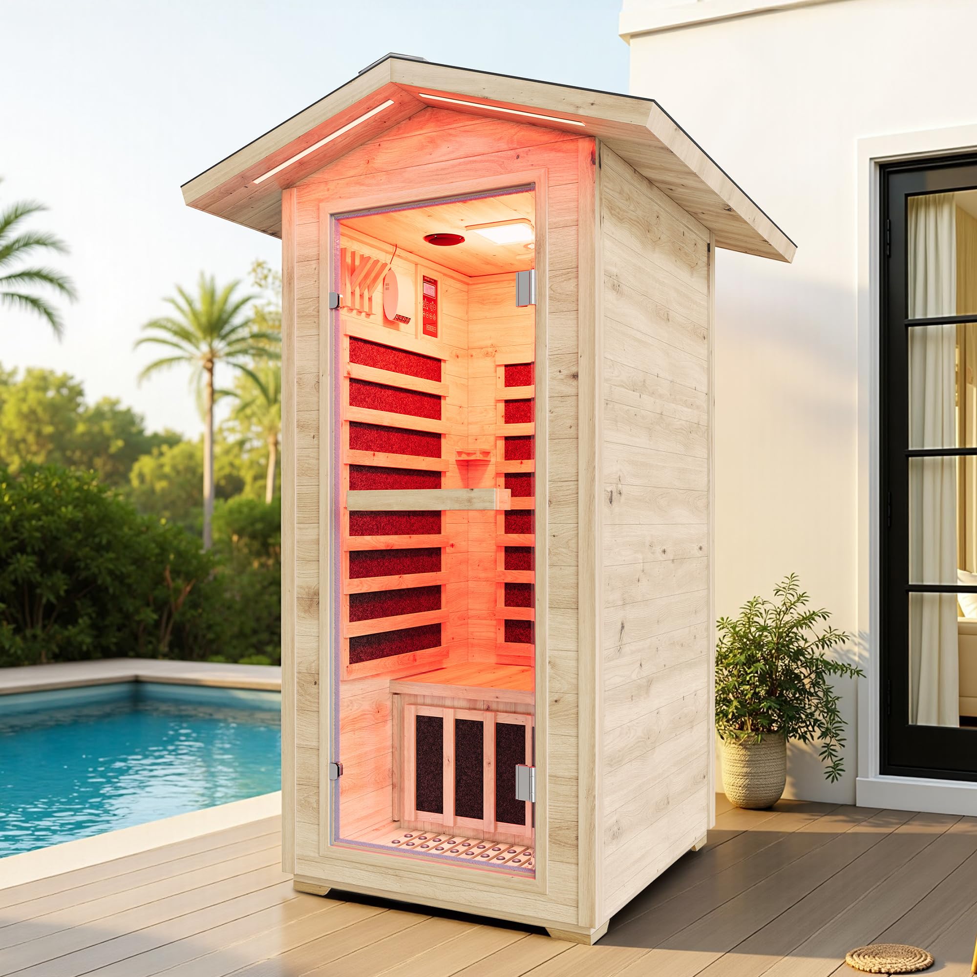 YUMPIE Outdoor Sauna 1 Person, Infrared Saunas for Home, Low EMF 110V Spruce Wood Dry Sauna with Tourmaline Stone Foot Warmer, 7-Color Light Therapy & 2 Bluetooth Speakers, 33.5"x35.4"x78.7"