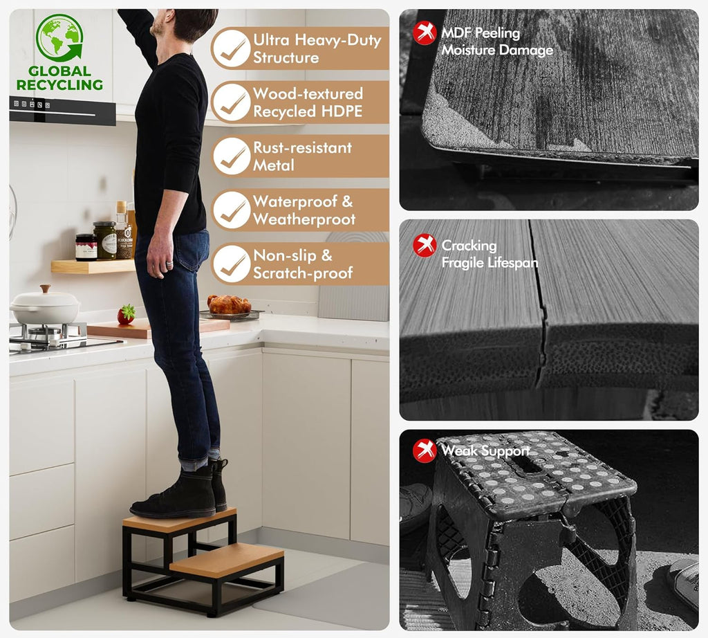 Y&M Two Step Stool for Adults Kids, Waterproof HPDE Bed Step Foot Stool with Adjustable Non-Slip Feet, Metal Frame Stepping for Kitchen Bathroom Bedroom Living Room, Indoor or Outdoor Use, Brown