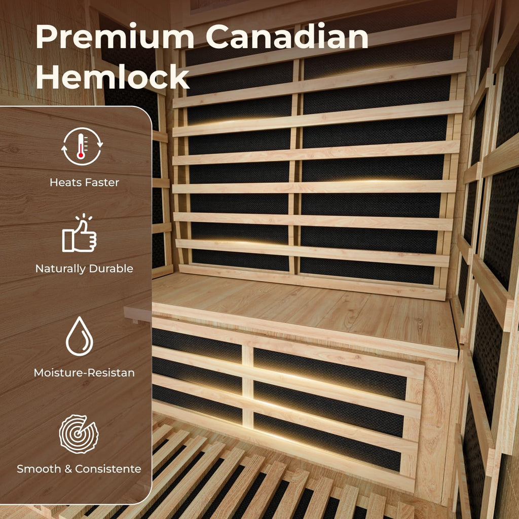 2 Person Far Infrared Sauna, Indoor Sauna for Home, 2000W Low EMF 110V with 8 Heaters, Chromotherapy Lights, Control Panel, Foot Controllable, Bluetooth Speaker, 47.2 * 41.3 * 75 in