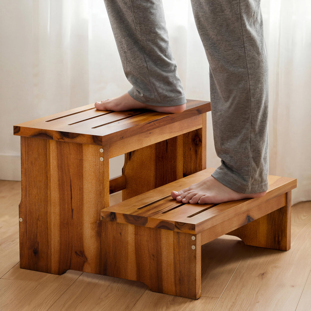 TINAMO 25" Long Step Stool for Adult & Kid - Acacia Wood Two Step Stool 500 Lbs - Wooden Riser 2-Step Spa & Hot Tub Stairs for Pool - Heavy Duty 2 Step Stools for Bed, Kitchen,Outdoor (Patent Pending)