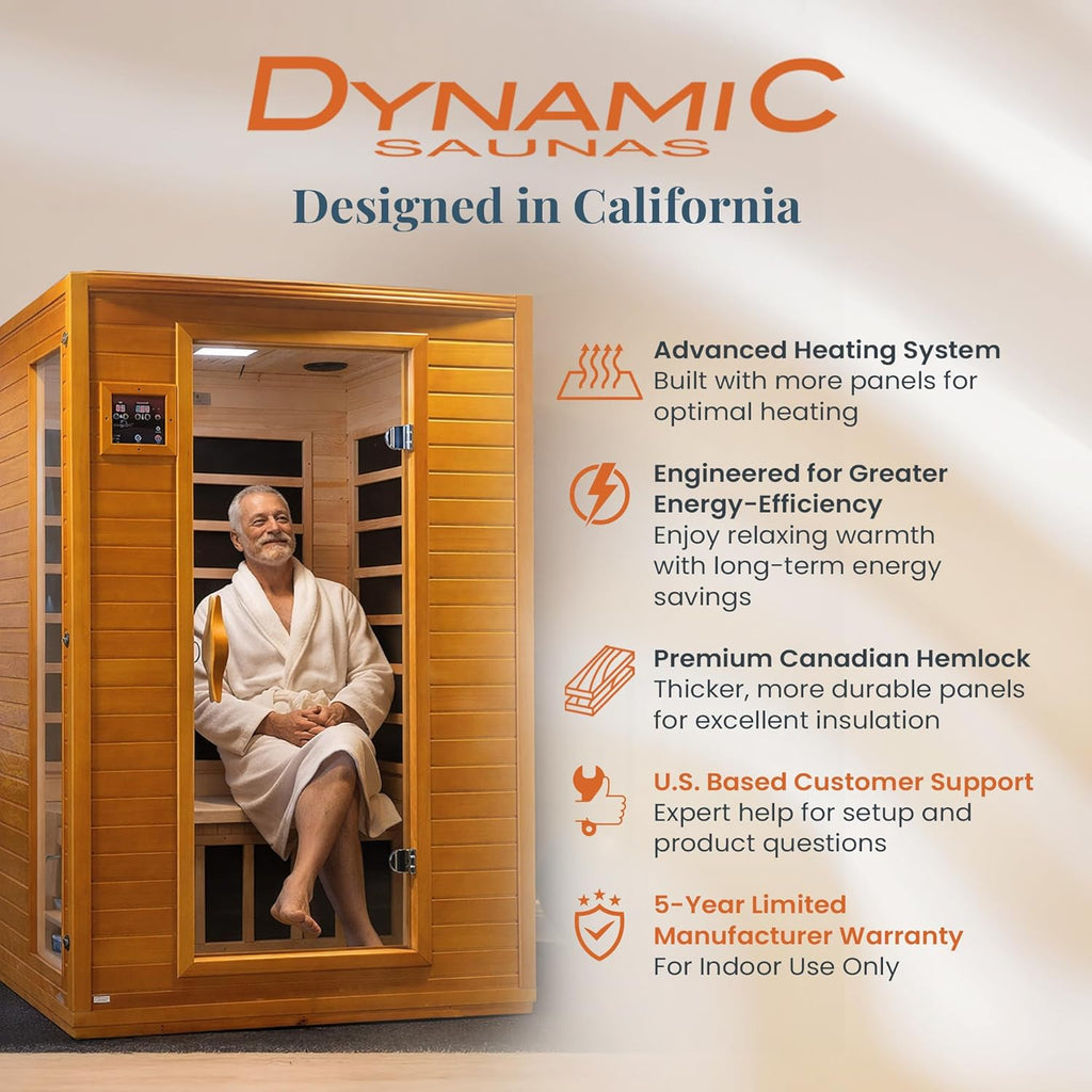 DYNAMIC SAUNAS Andora 2-Person Low EMF FAR Infrared Sauna with Red Light Therapy - Personal Indoor Dry Heat Wooden Sauna with Bluetooth Speakers for Home & Gym - Made from Canadian Hemlock Wood