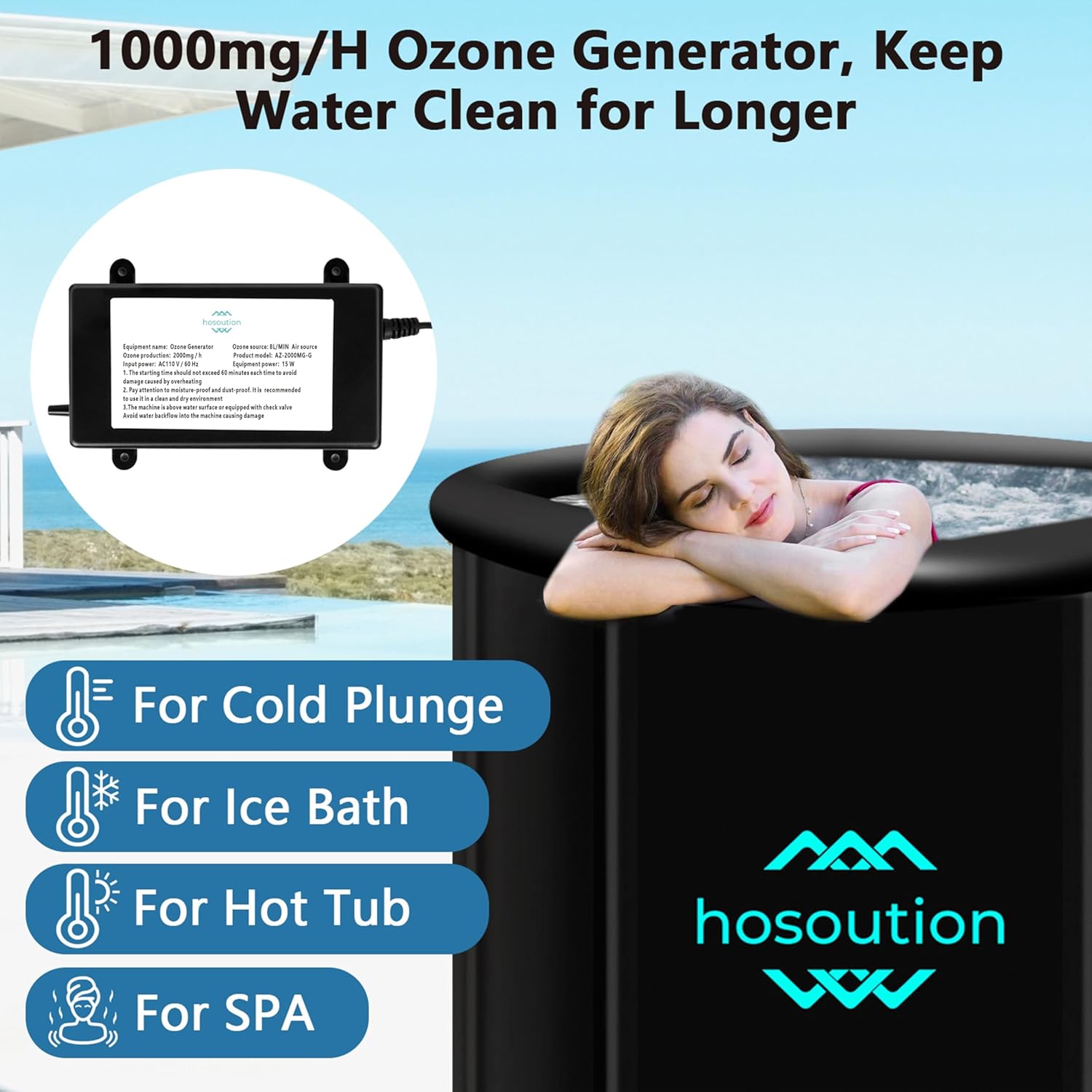 1000mg/H Ozone Generator, Ozone Generator Water Keep Cold Plunge Clean for Longer, Cold Plunge Filter, Ozone Bubbler for Produce, Ozone Generator for Cold Plunge, Ice Bath, Hot Tub, Spa