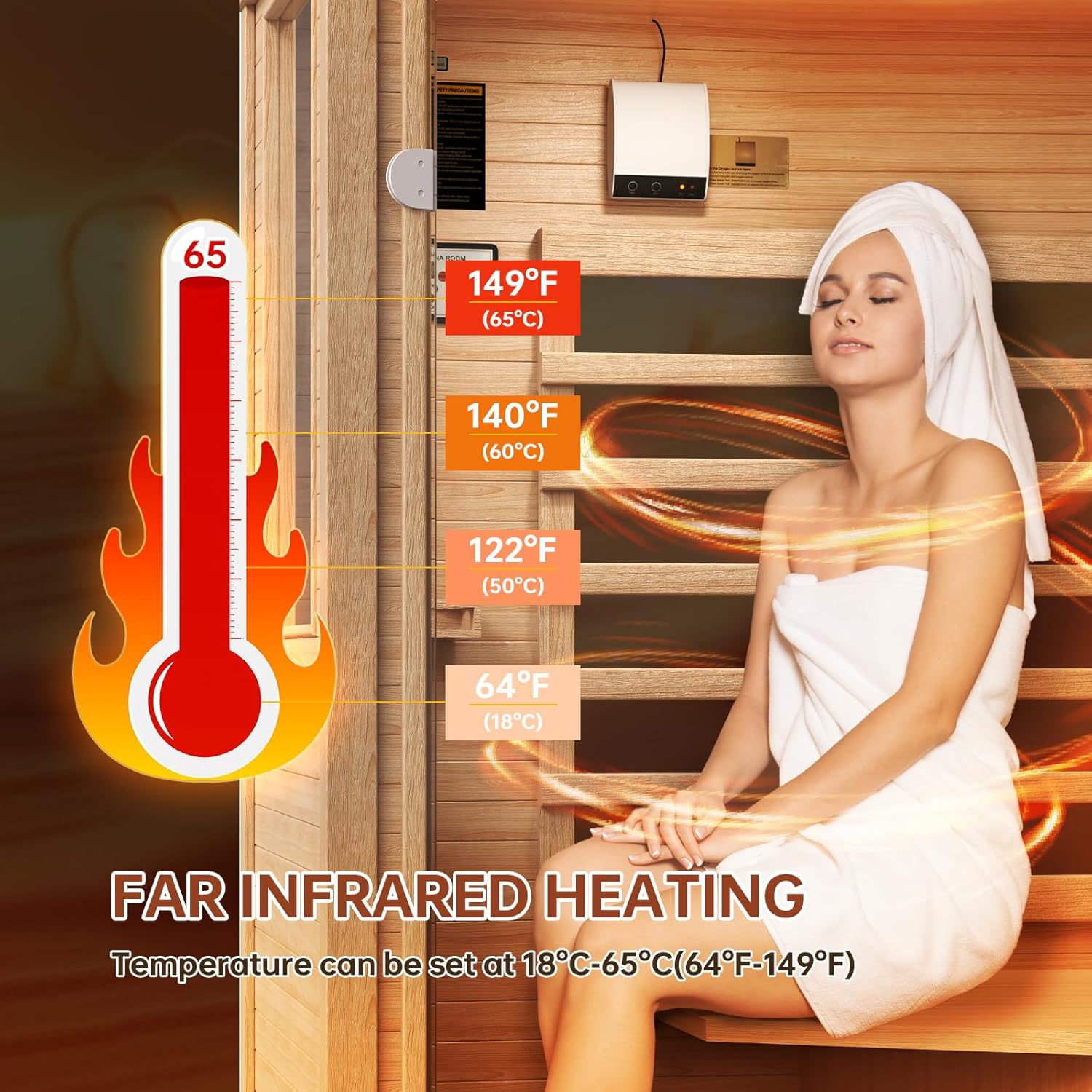 1-2 Person Wooden Infrared Saunas, Traditional Indoor Home Sauna with Control Panel,10 Chromotherapy, Bluetooth Speakers, Low EMF for House & Gym, 33.4 * 33.4 * 70 inch