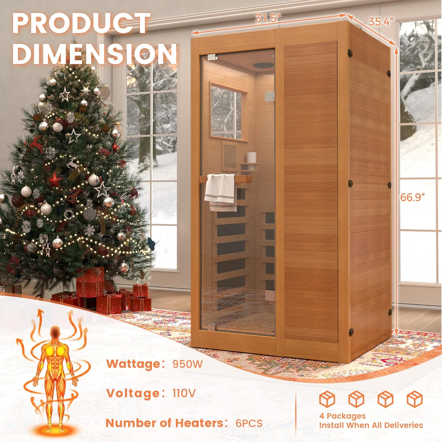 Infrared Sauna,1 Person Red Light Sanua with for Home,950w/110v Full Spectrum Indoor Dry Sauna, Carbon, Heater Panels, Bluetooth Audio, 8-Color Chromotherapy Lights, 35.4"x 31.5"x 66.9"