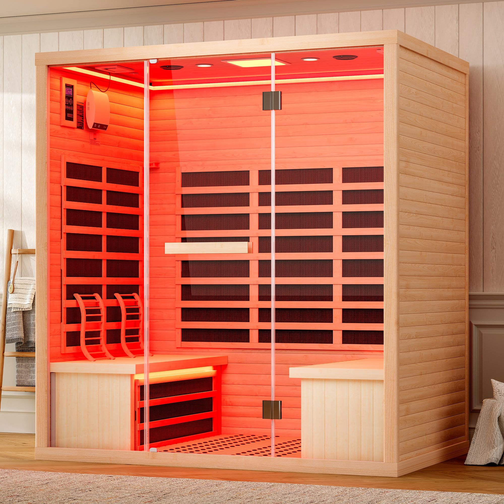 YUMPIE Outdoor Sauna 1 Person, Infrared Saunas for Home, Low EMF 110V Spruce Wood Dry Sauna with Tourmaline Stone Foot Warmer, 7-Color Light Therapy & 2 Bluetooth Speakers, 33.5"x35.4"x78.7"